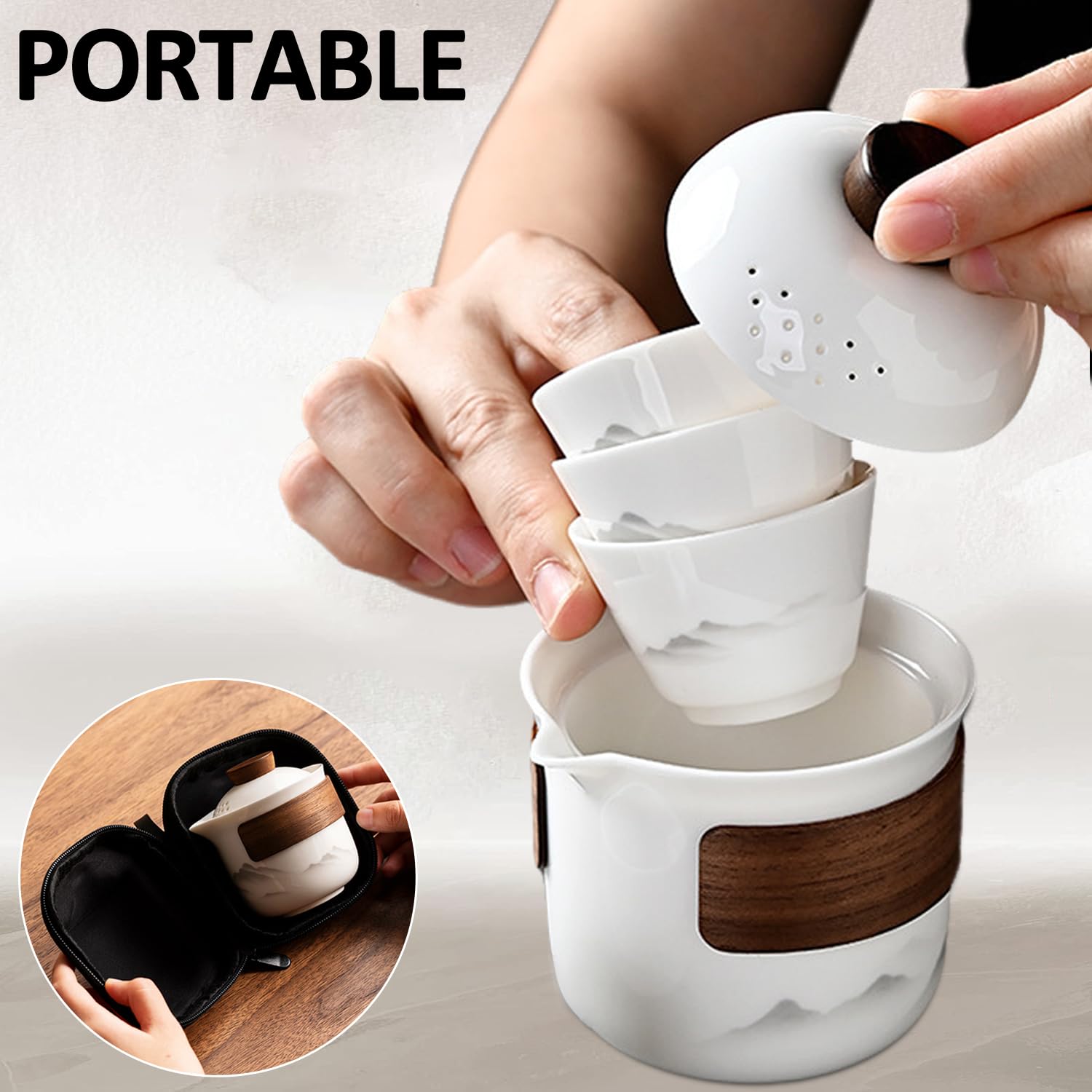 Set da tè in porcellana cinese Gongfu, set di teiera portatile in ceramica, portatile, tutto in uno, mini borsa da viaggio per viaggi, casa, regali, campeggio, picnic e ufficio, lavoro, hotel, amanti