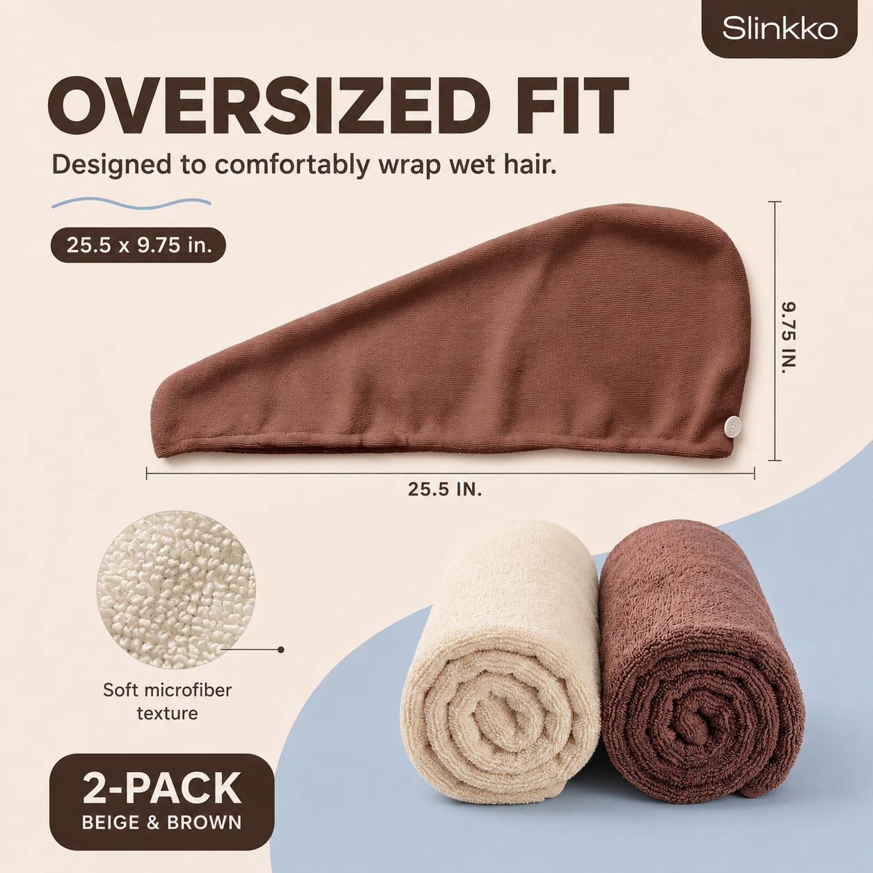 Microfiber Hair Towel Wrap for Women – Ultra Absorbent Quick Dry Turban | Button & Loop Design | Soft Lightweight Fabric | Reduces Frizz & Breakage | All Hair Types | Beige & Brown image 2