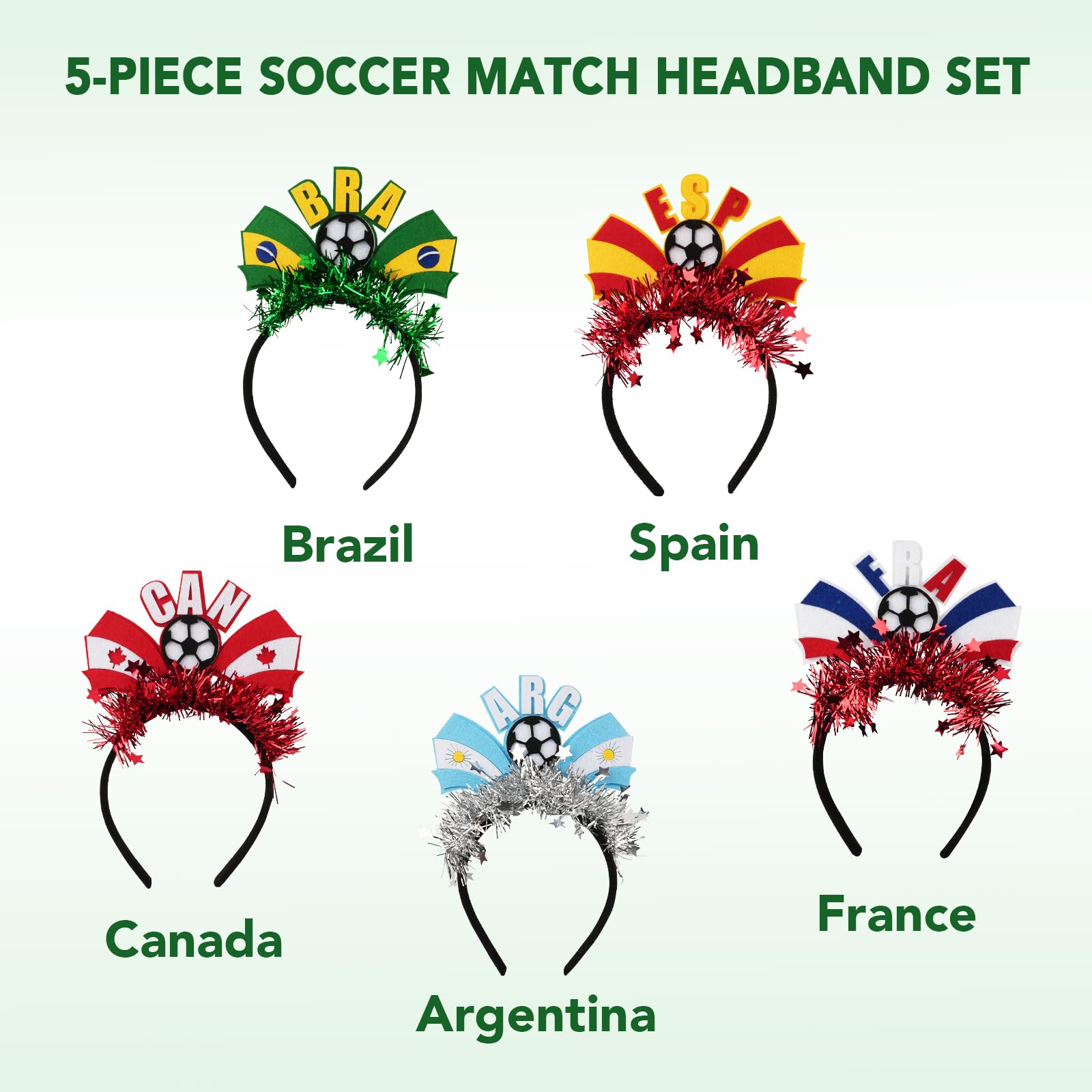 2026 World Soccer Match Party Hair Accessories Set, 5 Pack Glitter Flag Headbands (Canada/Argentina/Brazil/France/Spain), Soccer Football Fan Gear Hairband for Game Day, Soccer hair accessory - 4