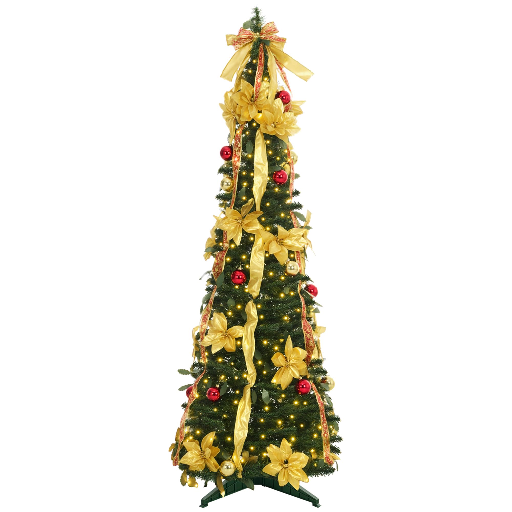 HOMCOM Árbol de Navidad 180 cm con Luces LED Artificial Plegable con Adornos Pre-instalados Árbol Navideño para Interior Verde