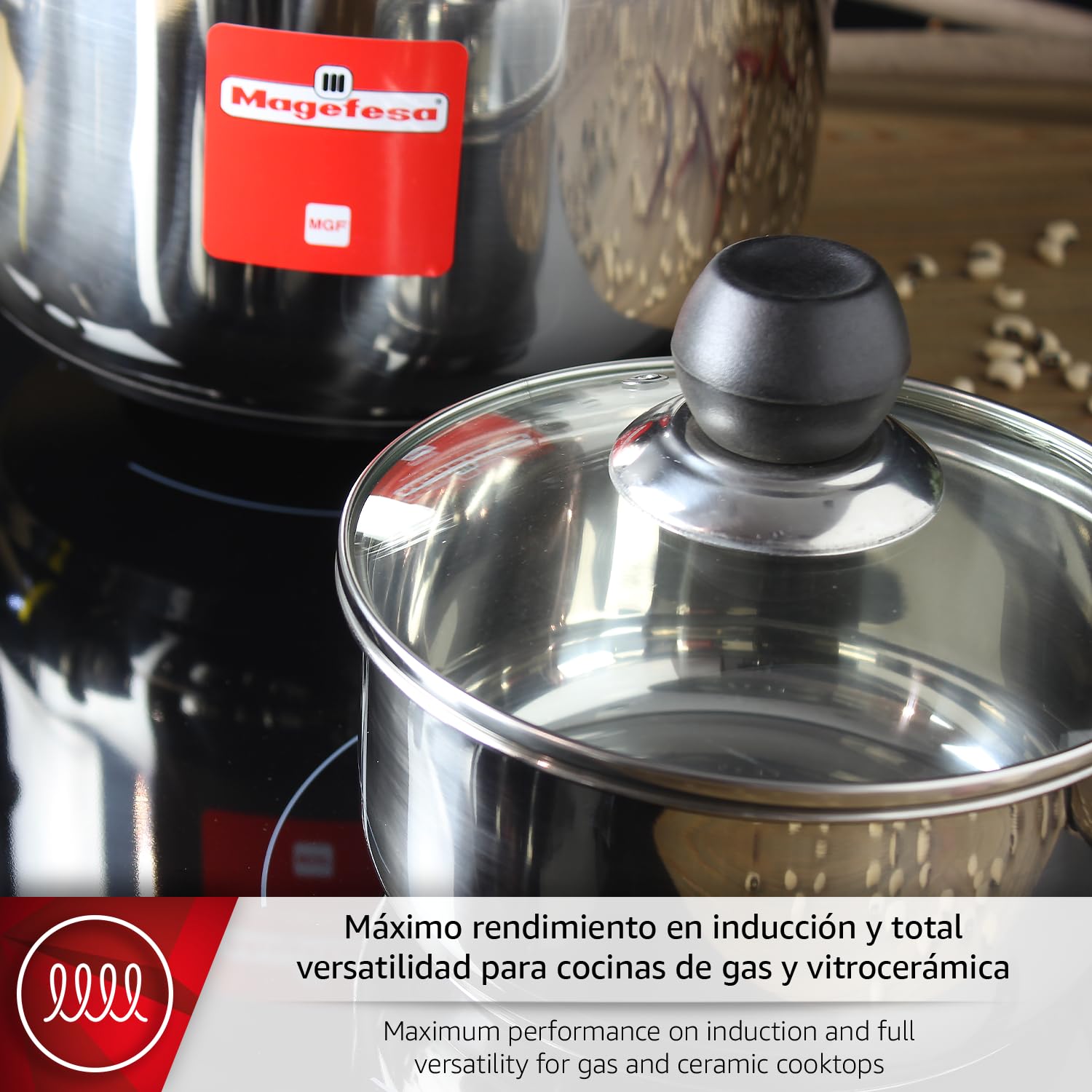 Magefesa - Practika batería de cocina, 7 piezas, fabricada en Acero Inoxidable, su fondo difusor garantiza la distribución de calor, INDUCCIÓN, fácil Limpieza y Apta lavavajillas