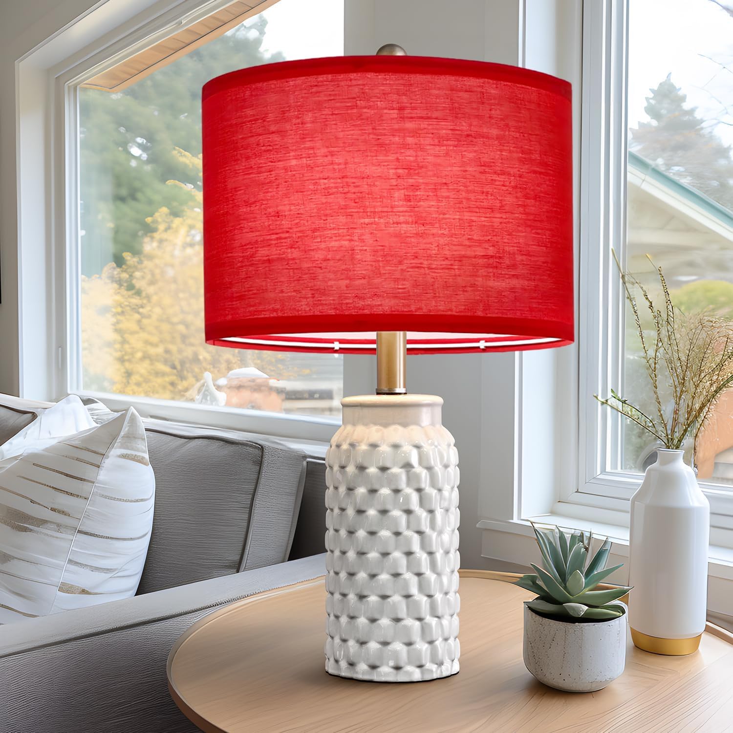 Red Drum Lamp Shade, Medium Lamp Shade Replacement 11.81" Top x 11.81" Bottom x 7.87" High, Fabric Lampshade for Table Lamps, Floor Lamps, Bedroom Bedside Lamps, E26 E27 Compatible