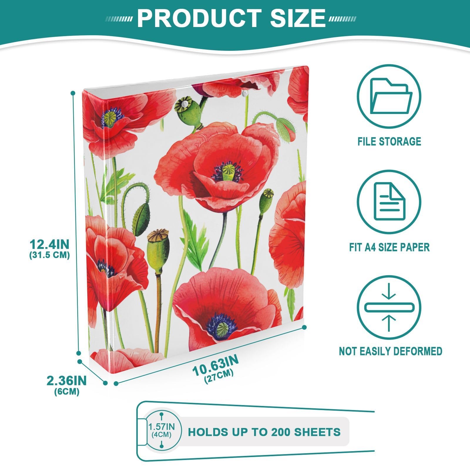 Raccoglitore ad anelli a D con 3 anelli, motivo fiori di papavero rosso, stile acquerello, 3,8 cm, con portablocco grande, per scuola, università, ufficio (confezione da 2)
