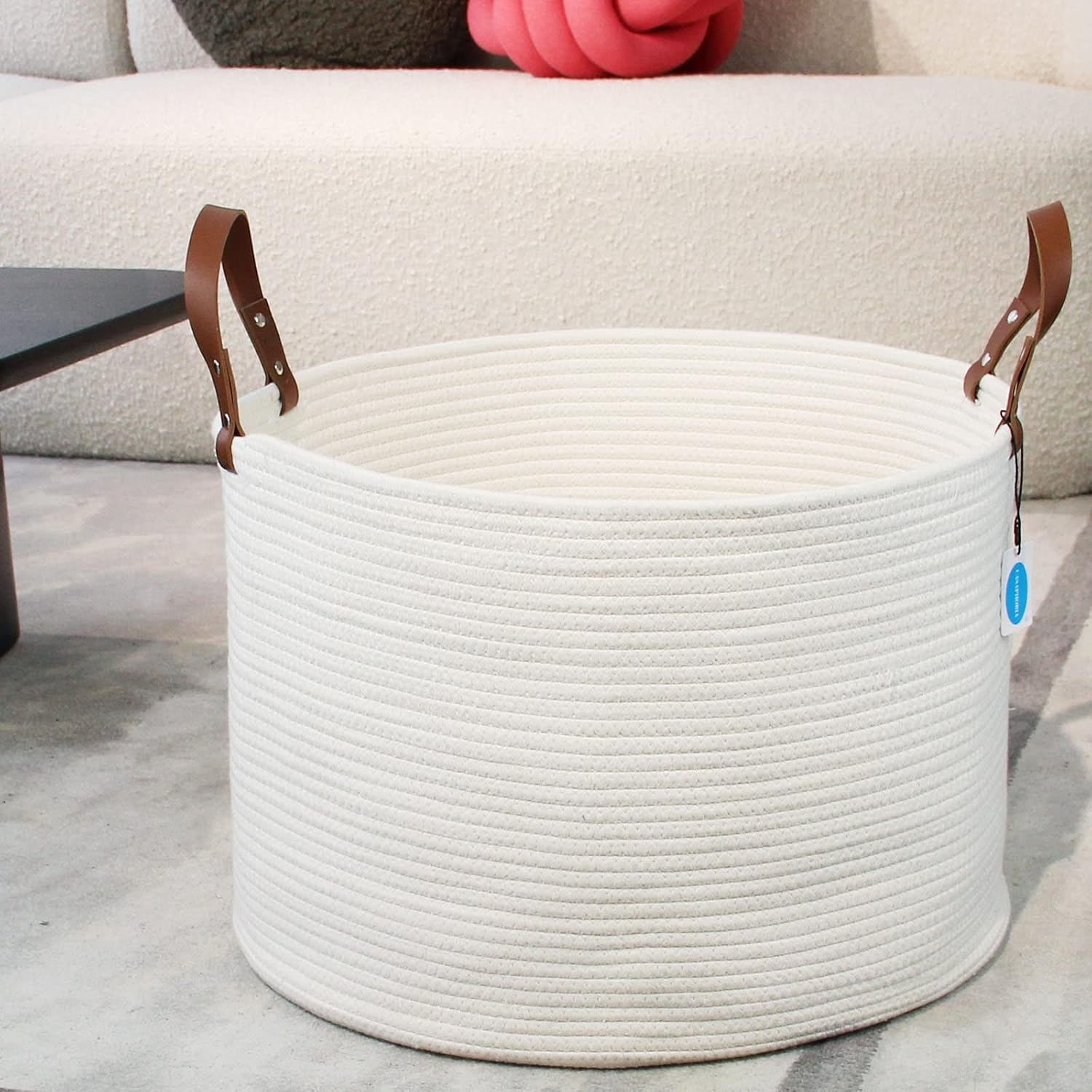 Casaphoria XXXLarge Cotton Rope Basket for Living Room - Woven Storage Basket with long Handle for Blankets, Towels and Pillows Laundry Hamper | Beige 20" x 20" x 13")