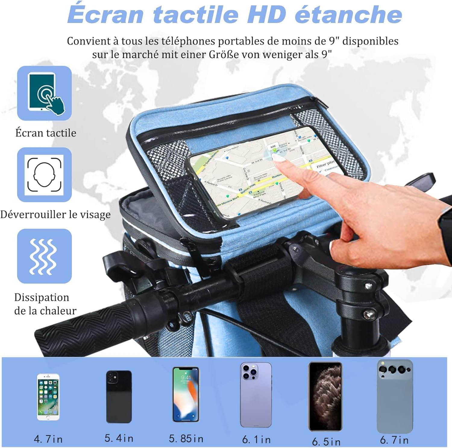 Sacoche de guidon vélo, 5L sac isotherme, sac à lunch, sac isotherme, sacoche de vélo avant, panier de vélo, support pour téléphone portable étanche, sacoche de guidon avec écran tactile et
