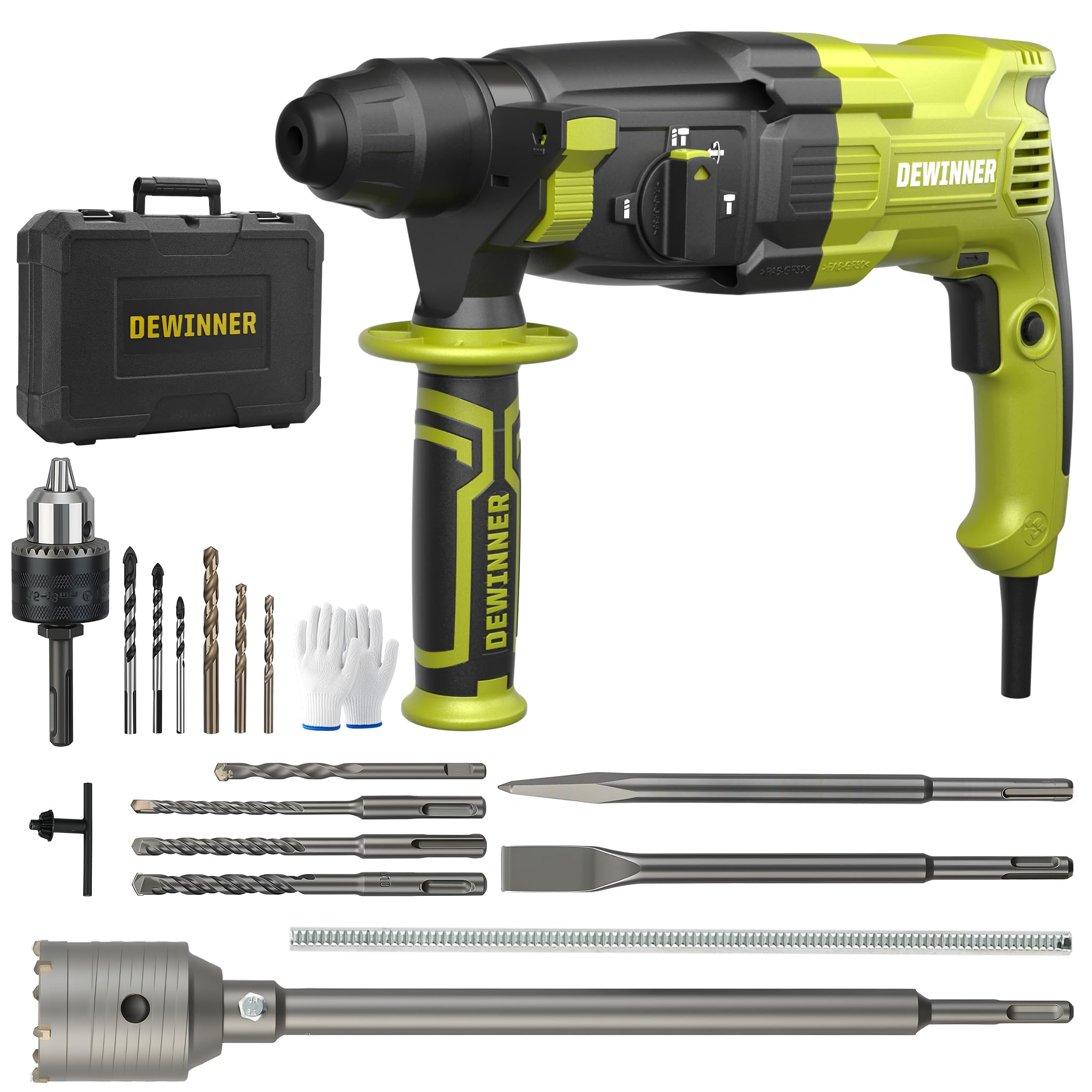 DEWINNER Martillo Perforador 1100 W 3.4 J, 0-1500 RPM/5500 BPM con 4 Funciones y Embrague de Seguridad, 20 Accesorios Sierra Perforadora Hormigón, Velocidad Variable, Hormigón, Acero, Madera