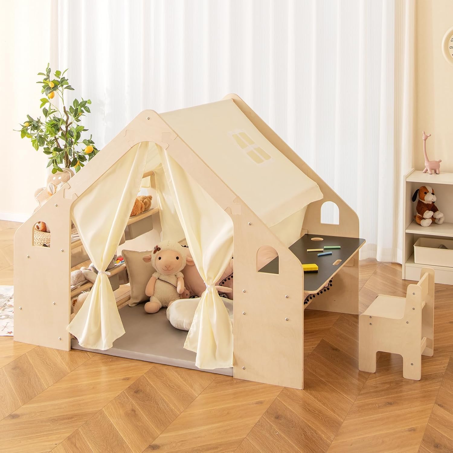 RELAX4LIFE 6 en 1 Tienda de Campaña Infantil con Estructura Madera, Mesa de Doble Cara, Silla, Pizarra, Alfombra y 6 Cajas, Parque Infantil Bebe con 2 Puertas y Ventana, Casita Infantil