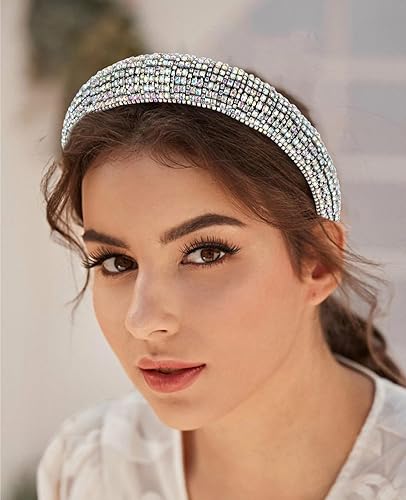 Miniatura 5 de Wecoe 1 diadema de diamantes de imitación para mujeres y niñas, diadema gruesa acolchada con purpurina brillante, diadema de diamantes plateados,