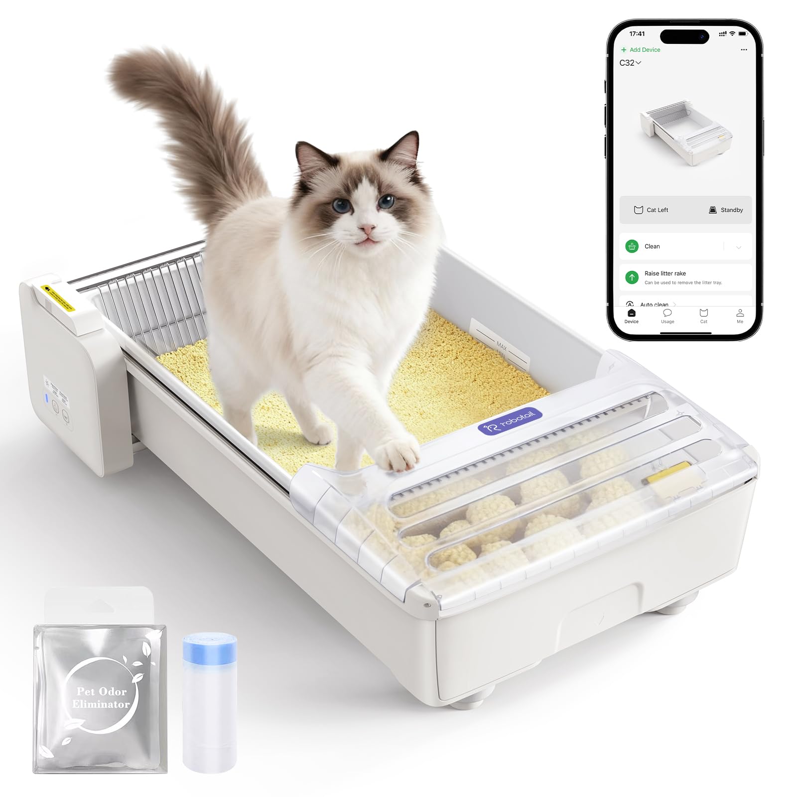Vollständig Offene Selbstreinigende Katzentoilette Katzenklo Selbstreinigend, Anti-Klemm Automatisches Elektrisches Katzenklo mit APP-Steuerung, Transparente Mülltonnenabdeckung, mit 1,5kg Katzenstreu