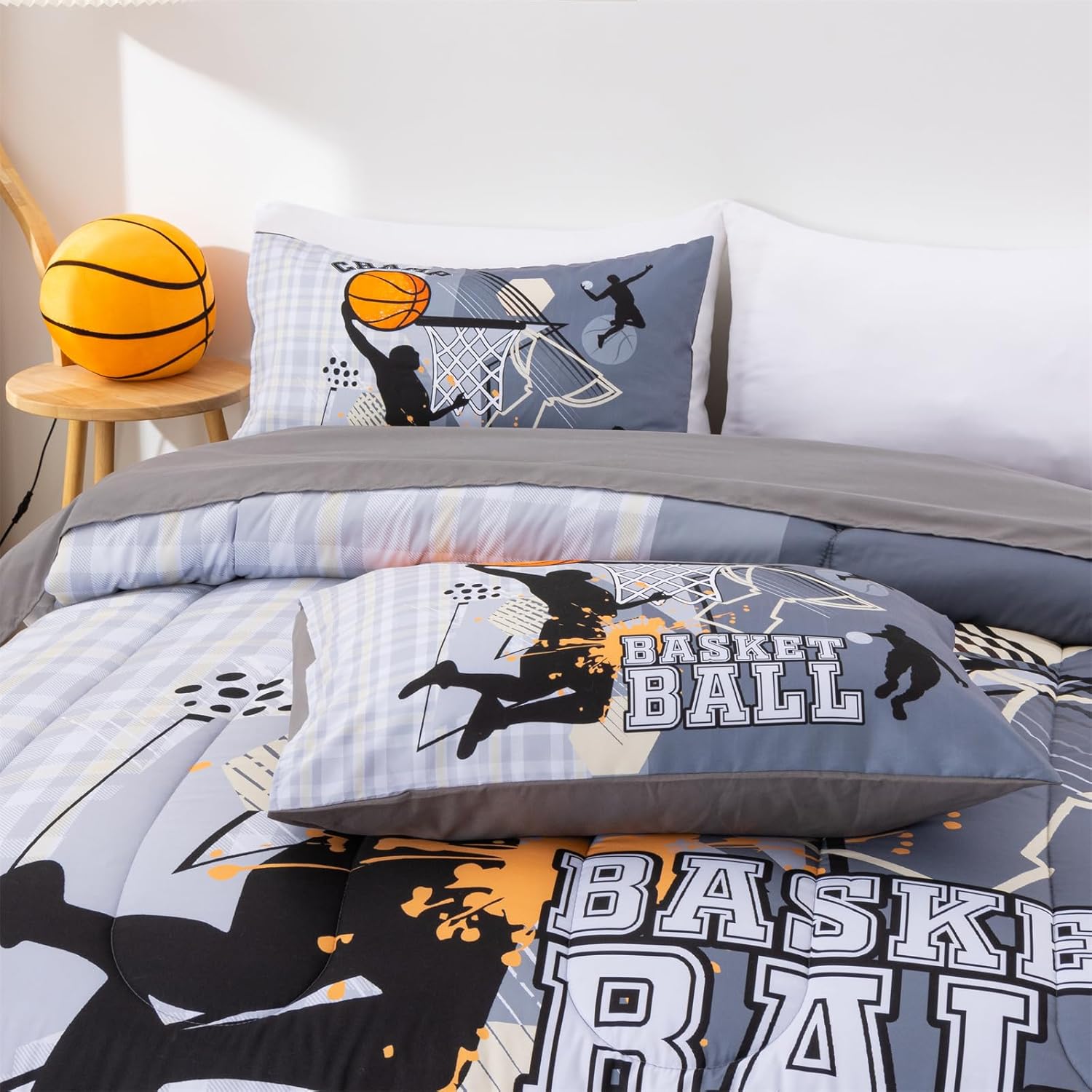 A Nice Night Basketball Themed Full Bed Sets for Boys Teens - 6PC Kids Comforter with Sheet Set, Bed-in-a-Bag Polyester Bedding Collections, Gary