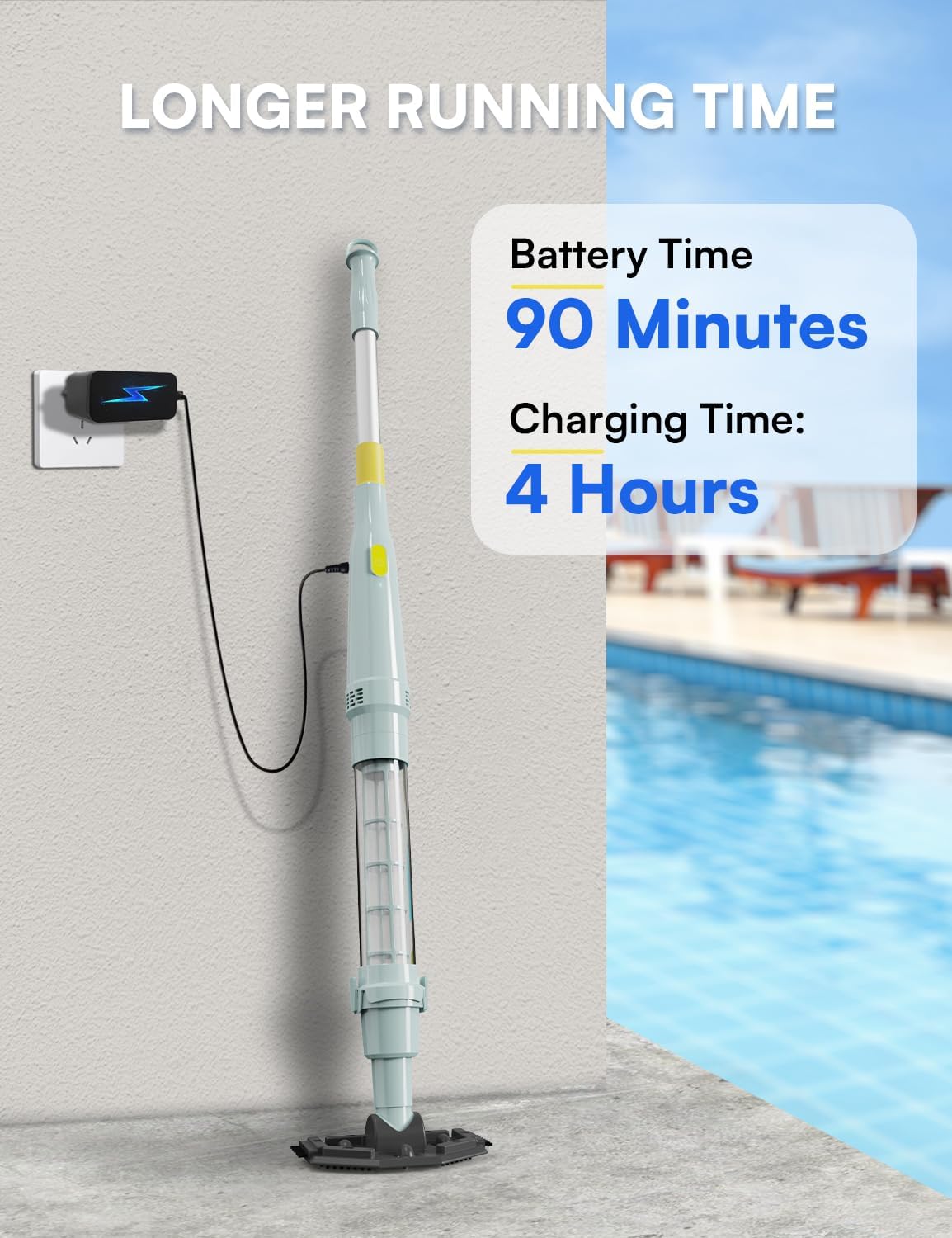 Handheld Pool Vacuum for Above Ground Pool – 90-Min Runtime, 18.5 GPM Powerful Suction, Ideal for Spot Clean Inground Pool Hot Tub, Rechargeable, Sand and Debris, Pool Vacuum with 3 Brush Heads,Cyan
