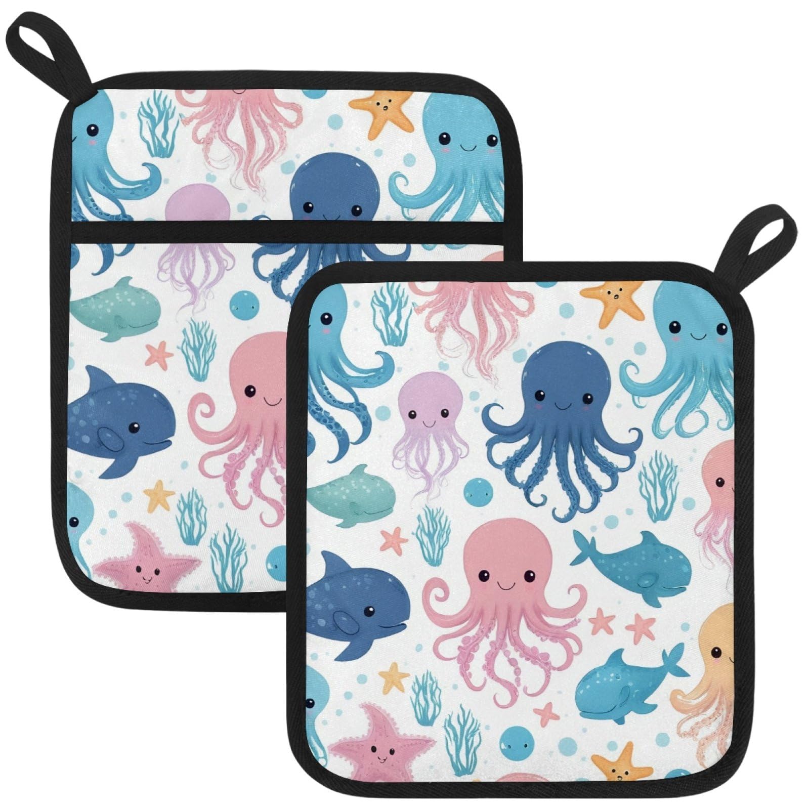 VAPOKF Octopus and Whale Pot Holders with Pocket for Kitchen Heat Resistant Potholders Large Polyester-Cotton Square Oven Mitts Set