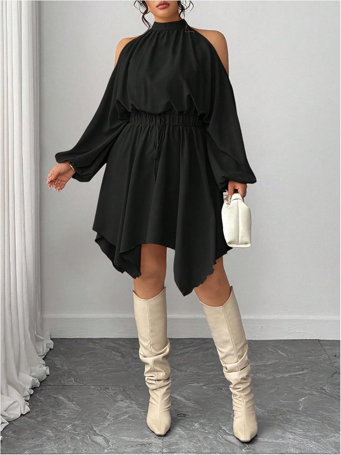 SweatyRocks Women's Cold Shoulder Swing Short Dresses Long Sleeve Shirred Asymmetrical A Line Dress - Image 5