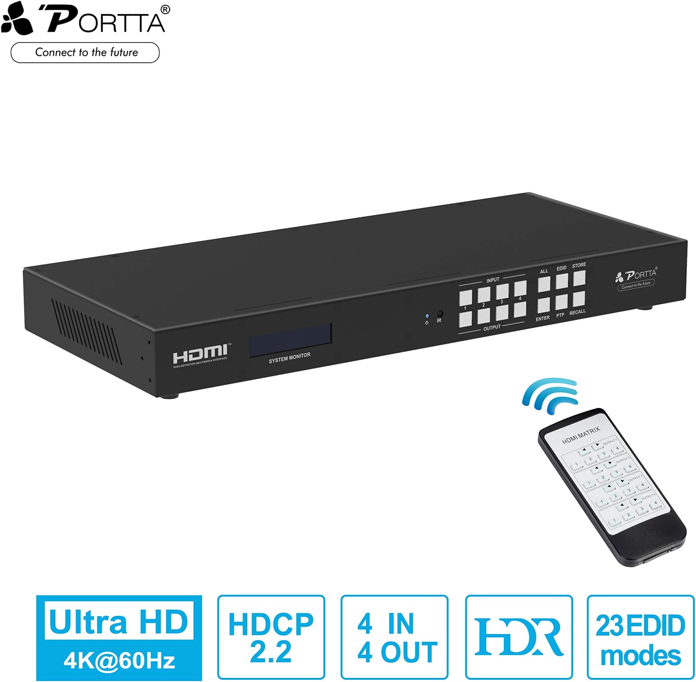 Portta HDMI Matrix 4x4 HDMI 2.0 HDR 4K 60HZ Matrix Switch Splitter YUV 444 COAX Audio Extractor with LCD Screen Support Full 3D HDCP2.2/1.4 EDID RS232 IR GUI and TCP/IP control Firmware Upgradable