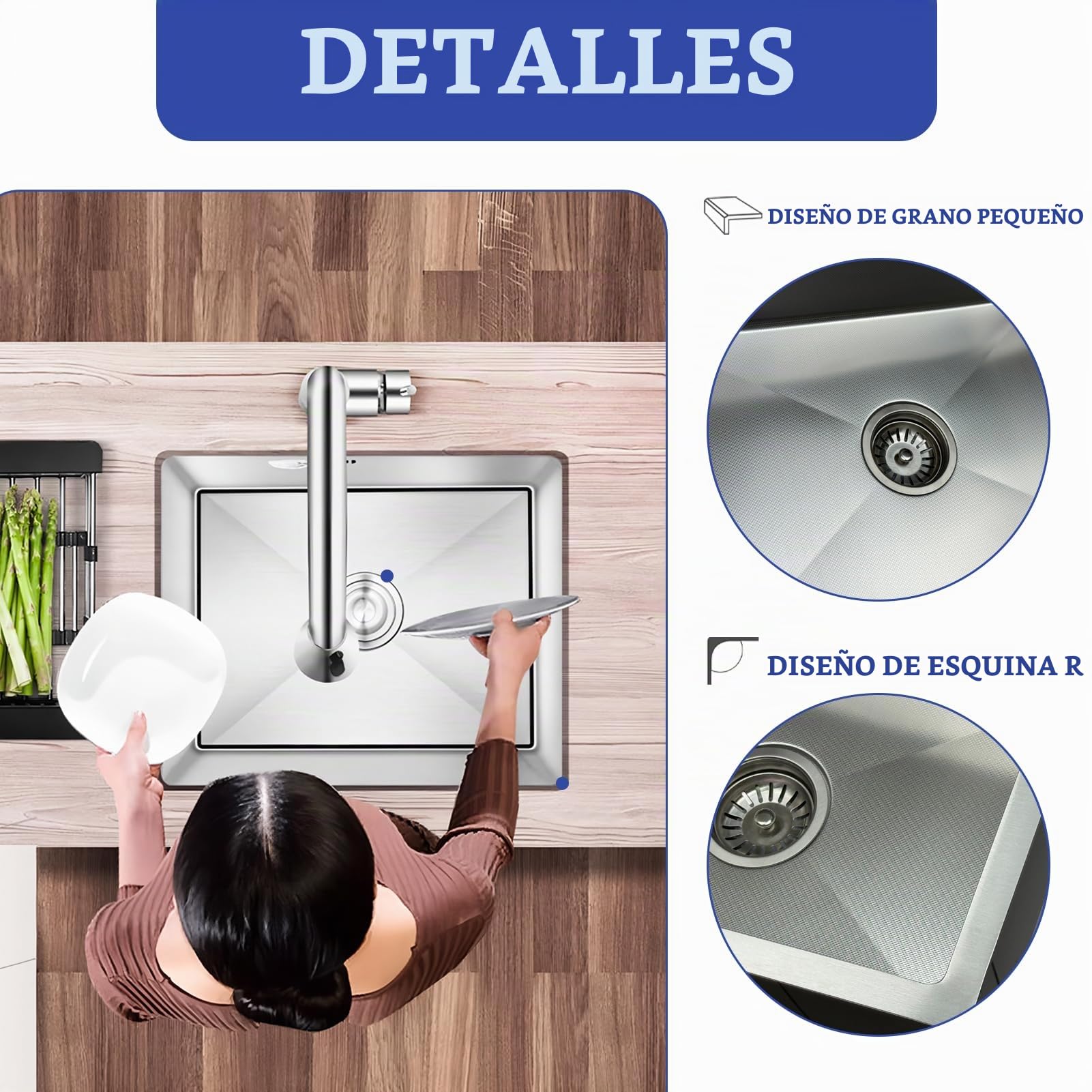 Fregadero Cocina 1 Seno 55 x 40 cm, Acero Inoxidable Cepillado, con Grifo Giratorio 360°, Fregadero Bajo Encimera o Sobre Encimera, con Sifón, Rebosadero y Desagüe, Escurridor de Enrollable