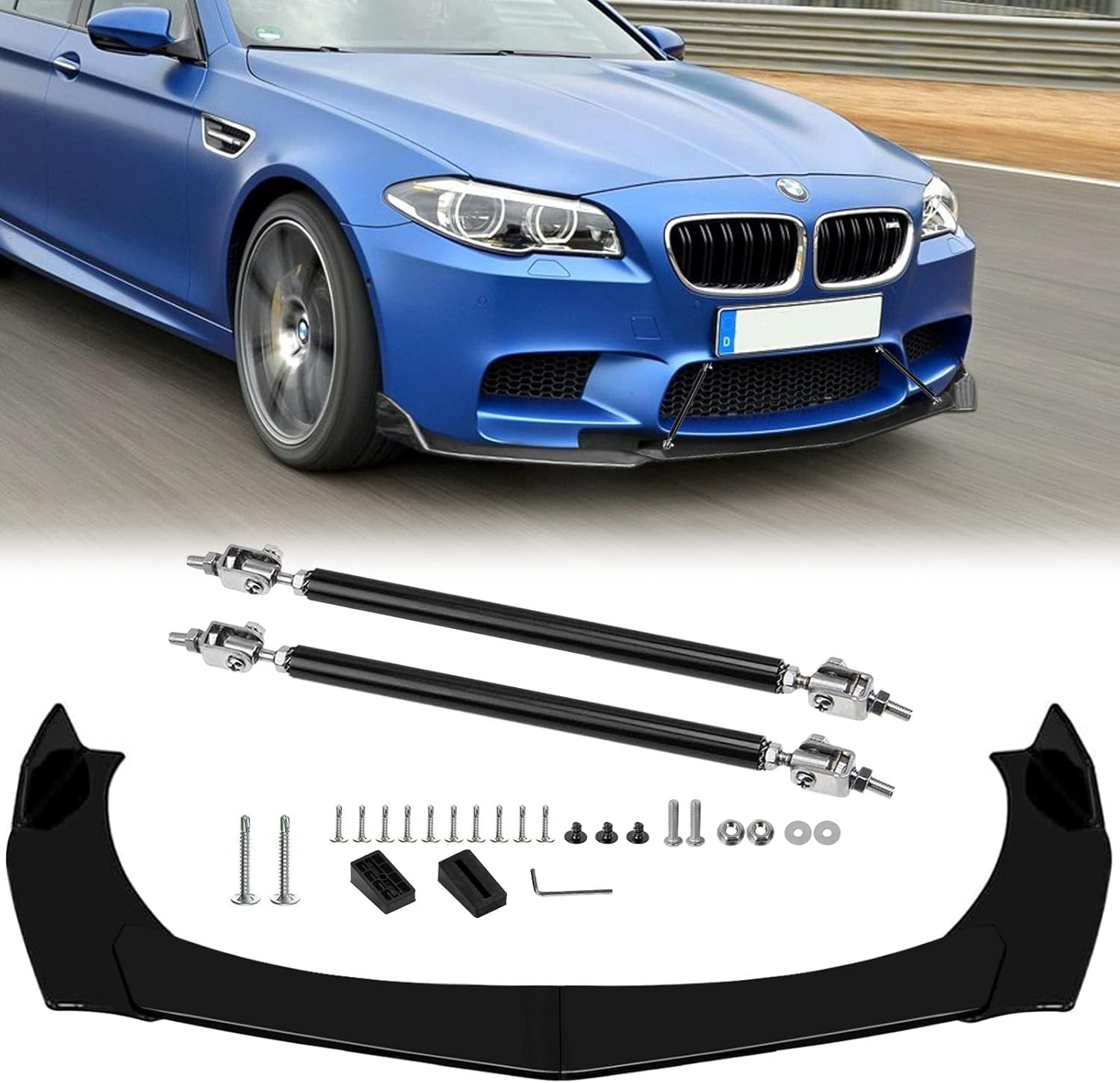 4Pcs Front Bumper Lip Chin Spoiler Splitter Diffuser Protector Air Dams Fit 66.9"-76.7'' Width Cars with 2Pcs Adjustable 8"-11" Black Splitter Rods, Glossy Black Sharp Corner