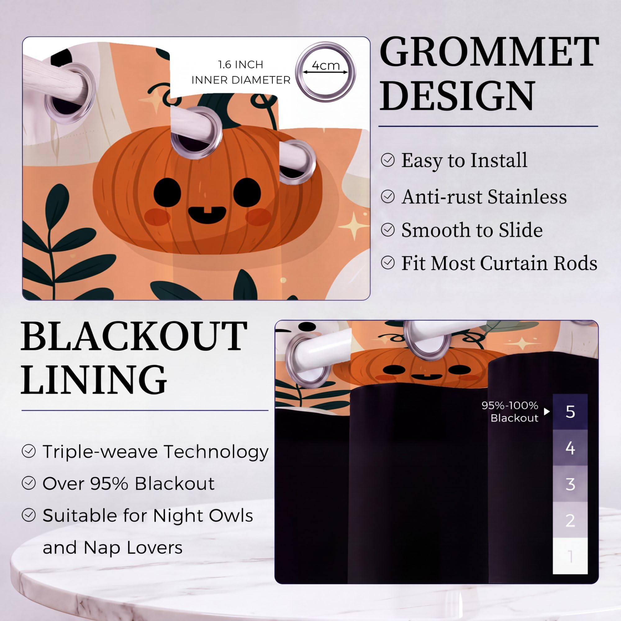 Cortinas opacas estampadas, dibujos animados de Halloween, 66 pulgadas de