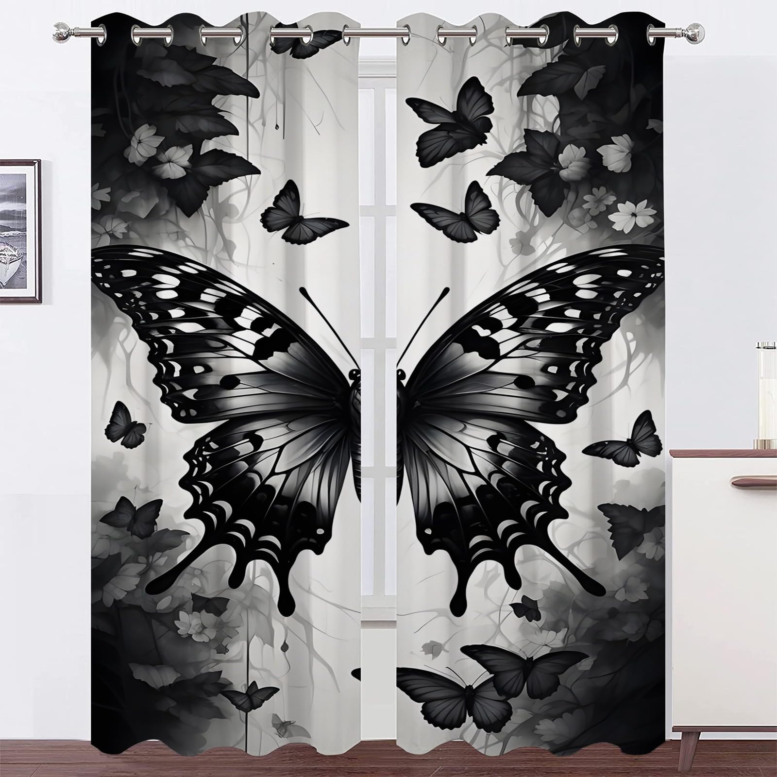 Generisch Vorhang Schwarzes Seebett Blickdichte Vorhänge, Graue Blumen Verdunklungsvorhänge Gardinen Thermo Vorhänge Blackout Curtain für Schlafzimmer Wohnzimmer H215 x B110 cm (2er Pack) SA779