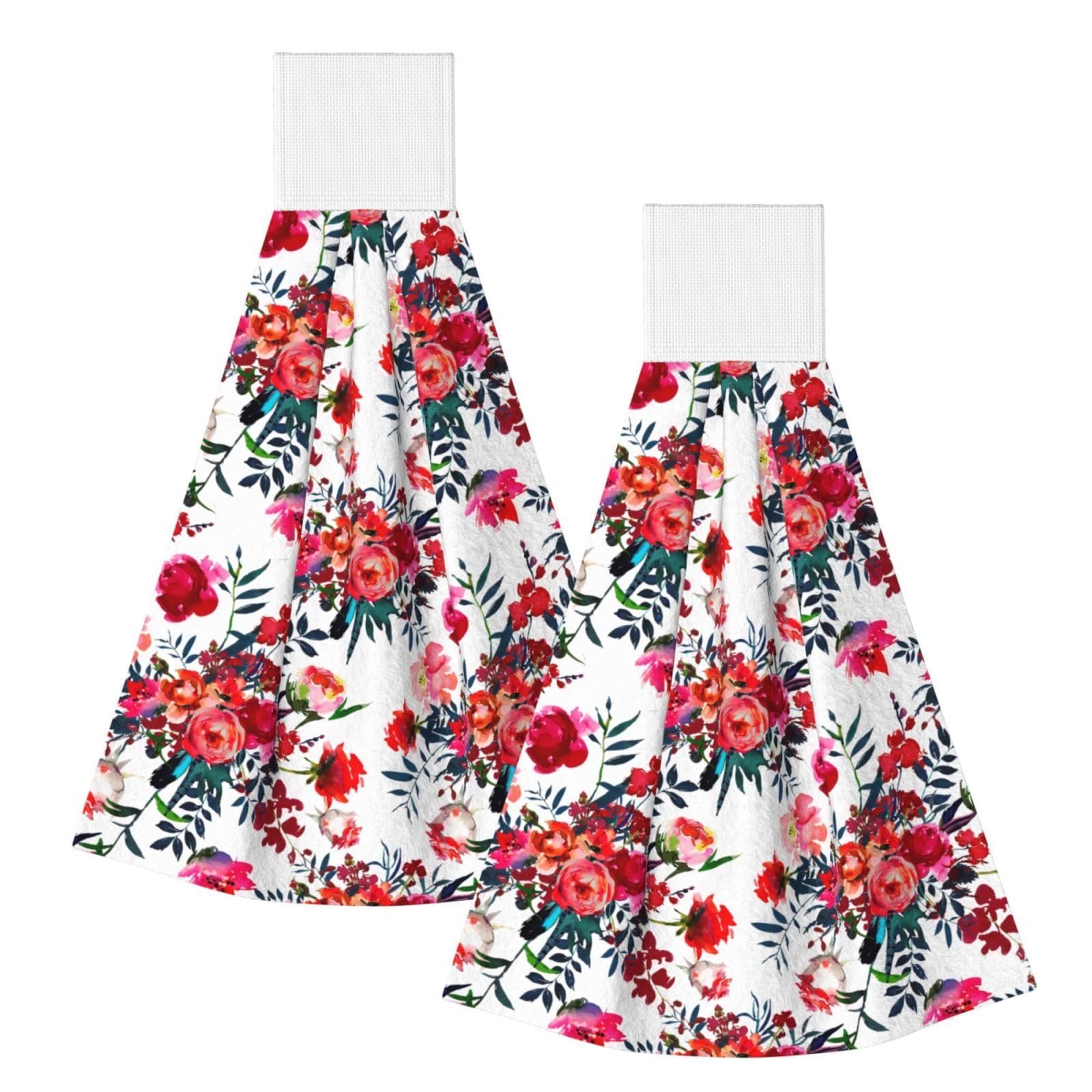 DOPKLNA Floral Bright Chic Red Navy Bouquets, 2 Pcs Hanging Coral Fiber Hand Towels for Bathroom, Absorbent Kitchen Towels
