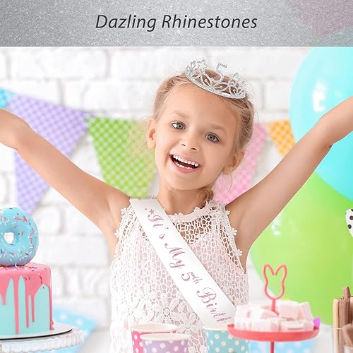 Miniatura 6 de MEANT2TOBE Banda y tiara de cumpleaños número 5 para niñas, fabulosa banda con purpurina + estrellas de diamantes de imitación, tiara de metal