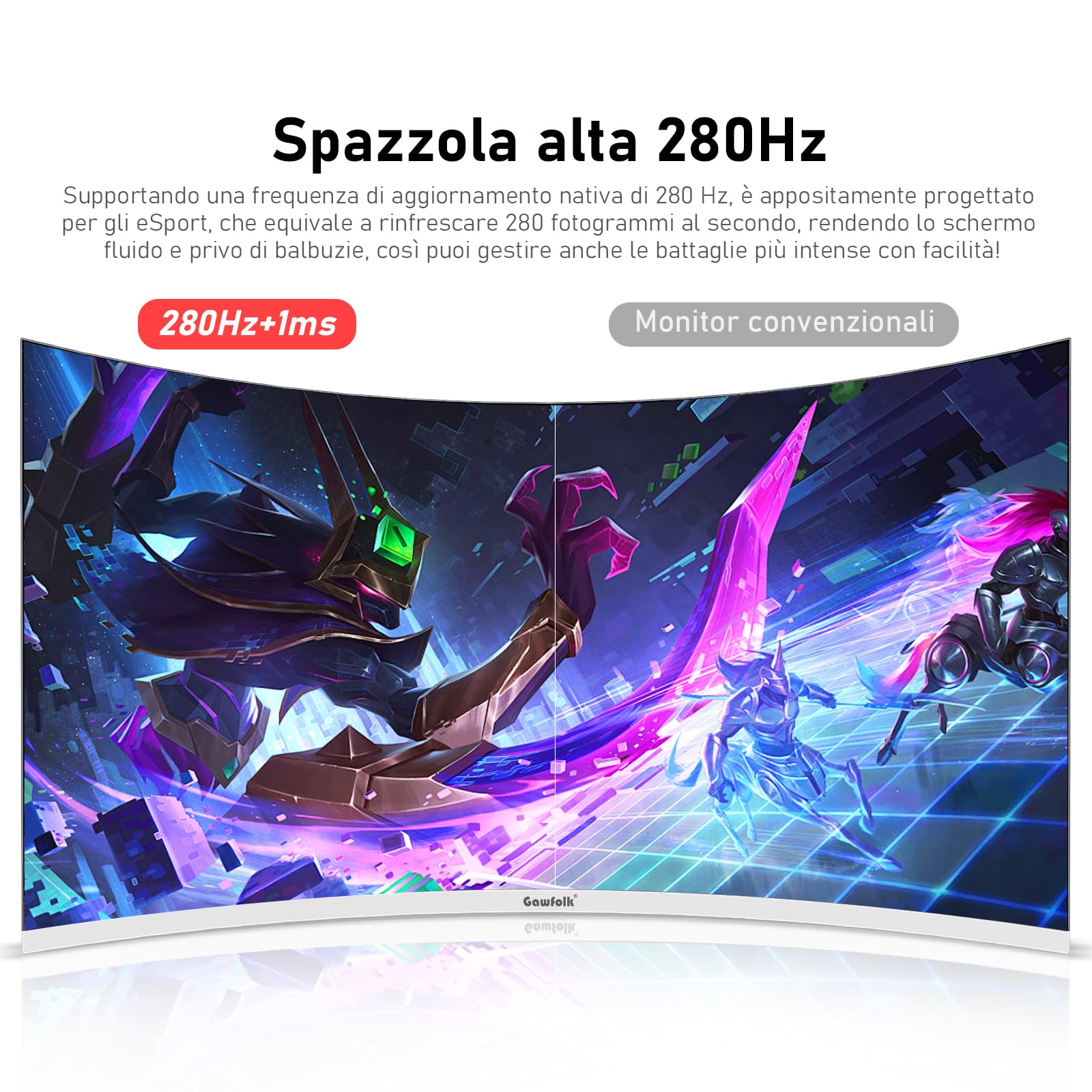 Gawfolk 27 pollici 280Hz curvo monitor per computer da gioco, 1800R，FHD 1080P, 98% sRGB, 1ms，FreeSync，178 ° grandangolo,HDMI、DisplayPort，Compatibile con il montaggio a parete 100 * 100mm - bianco