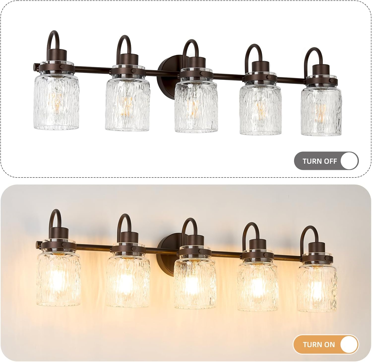 5 Lights Bathroom Vanity Light, Oil Rubbed Bronze Bathroom Light Fixtures with Hammered Glass Lampshade for Dressing Table,Over Mirror,Hallway
