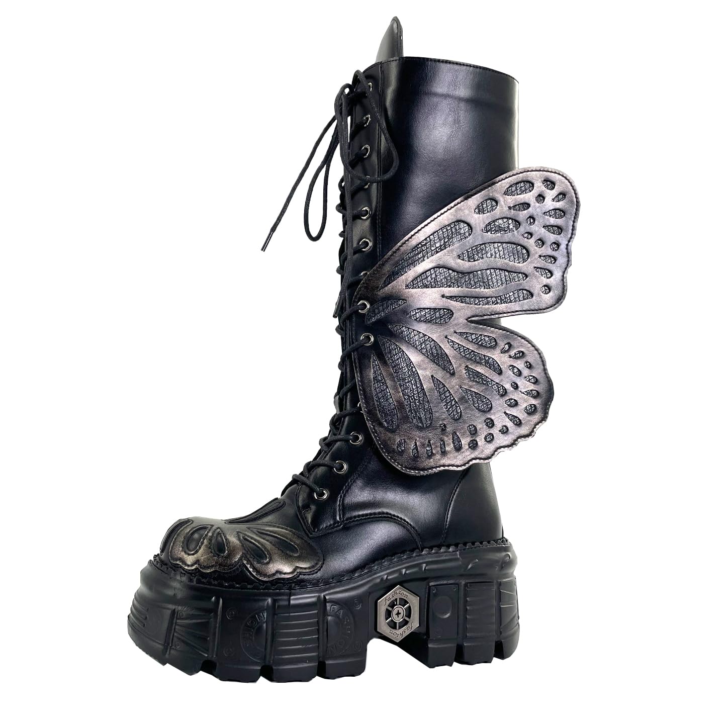 Womens Platform Punk Goth Knee High Boots Butterfly Chunky High Heel Back Zip Wedge Party Alt Boots Y2K
