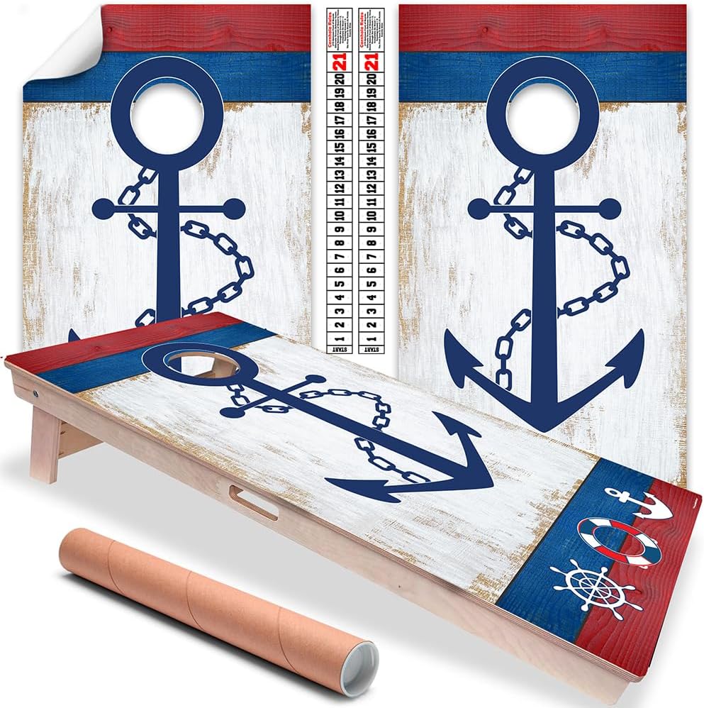 Cornhole Board Wraps and Decals for Boards Set of 2 Skins Professional Vinyl Covers Sticker Nautical Seafarer Wooden Style Cornhole Wraps Cornhole Skins Wraps for Boards