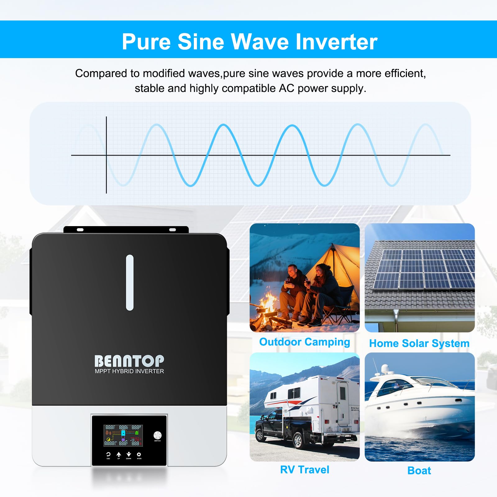 Hybrid Wechselrichter Reiner Sinus 3600W 24V DC auf 220/230 V AC Solarwechselrichter PV Max.500V Avec Chargeur Solaire 120A MPPT für Netzunabhängige Blei-Säure-Lithium-Batterie