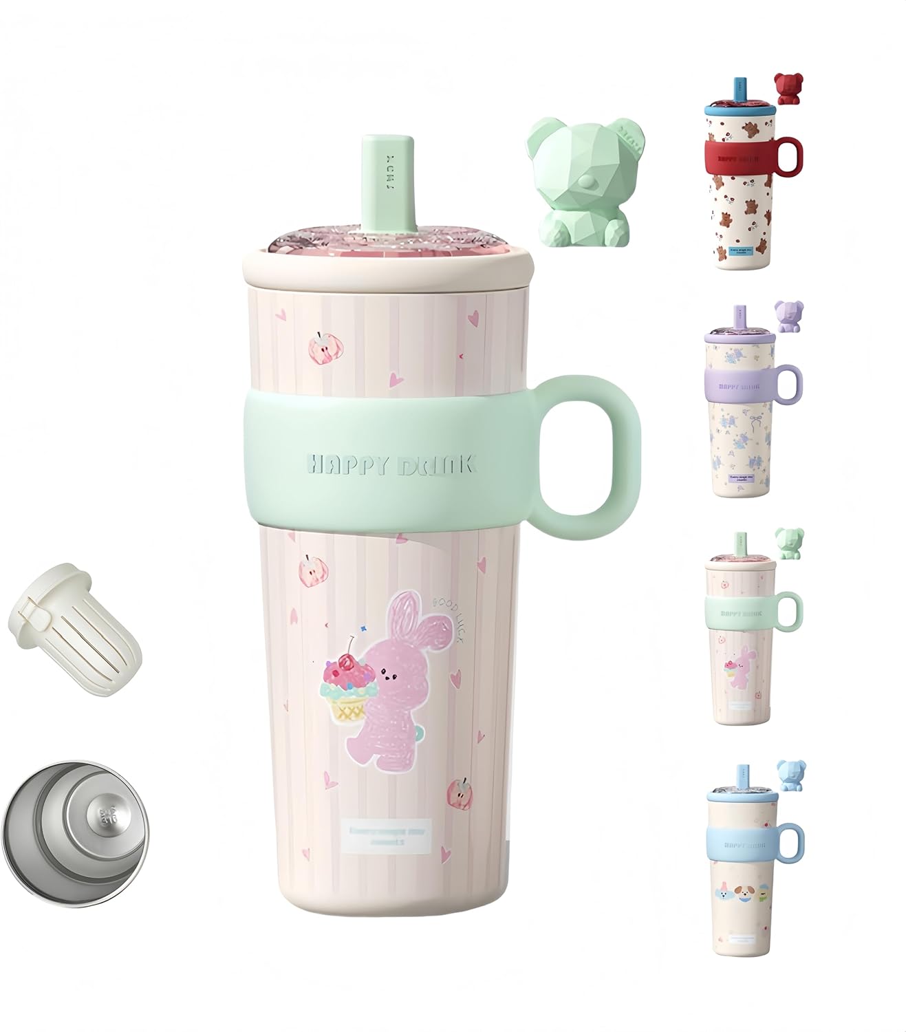 21oz Cute Bear Car Cup with Straw & Cap, Leak-Proof Portable Mug with Tea Strainer, Insulated for Hot/Cold - Ideal for Car, Office, Outdoor (Green)