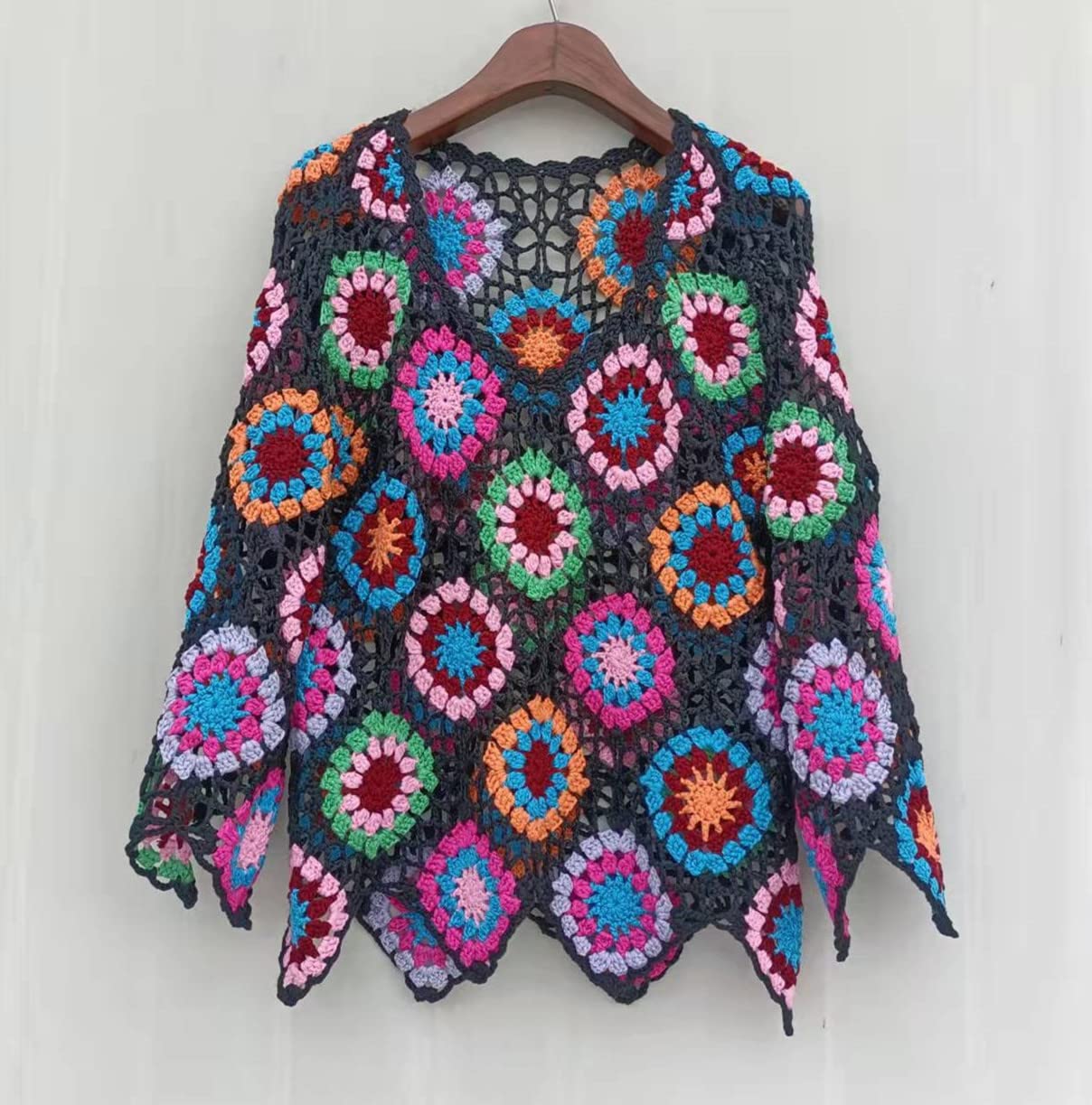 White Crochet Top Women Long Sleeve Blouse V Neck Granny Square