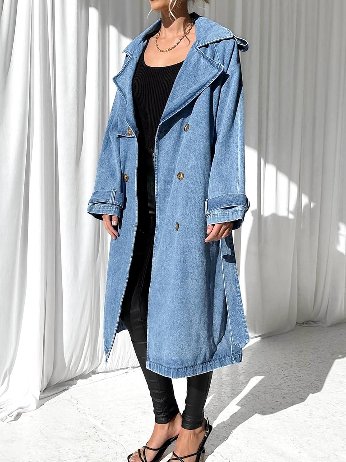 Fazortev Women's Long Double Breasted Denim Jacket Oversized Button Down Maxi Jean Coat Classic Lapel Outercoat - Image 4