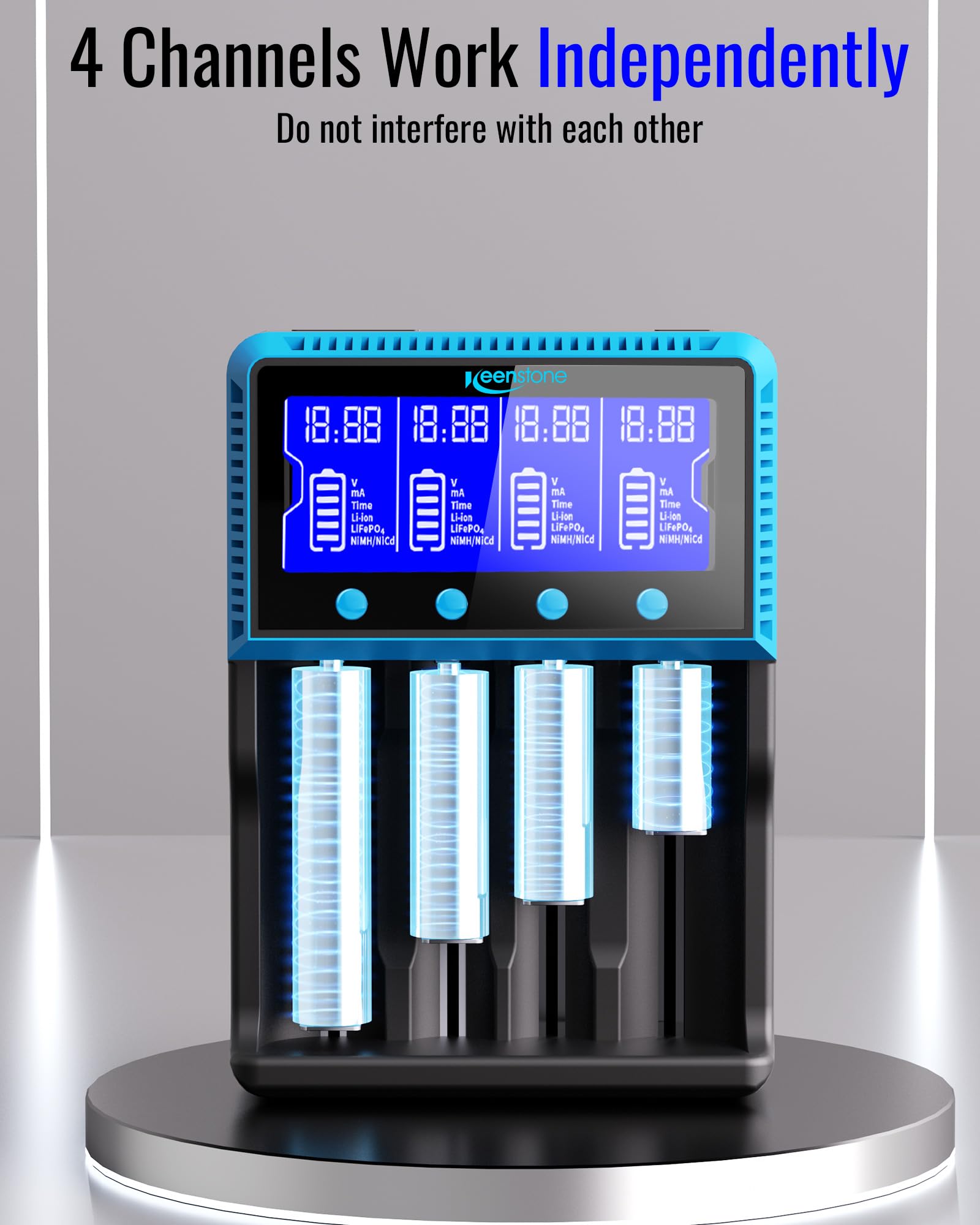 Keenstone Chargeur Accu 18650, Chargeur de Piles Rechargeable Universel pour 26650 10440 14500 16340 26500 IMR Li-ION Ni-MH Ni-CD LiFePO4 AA AAA, Grand Ecran, Emplacement Indépendant