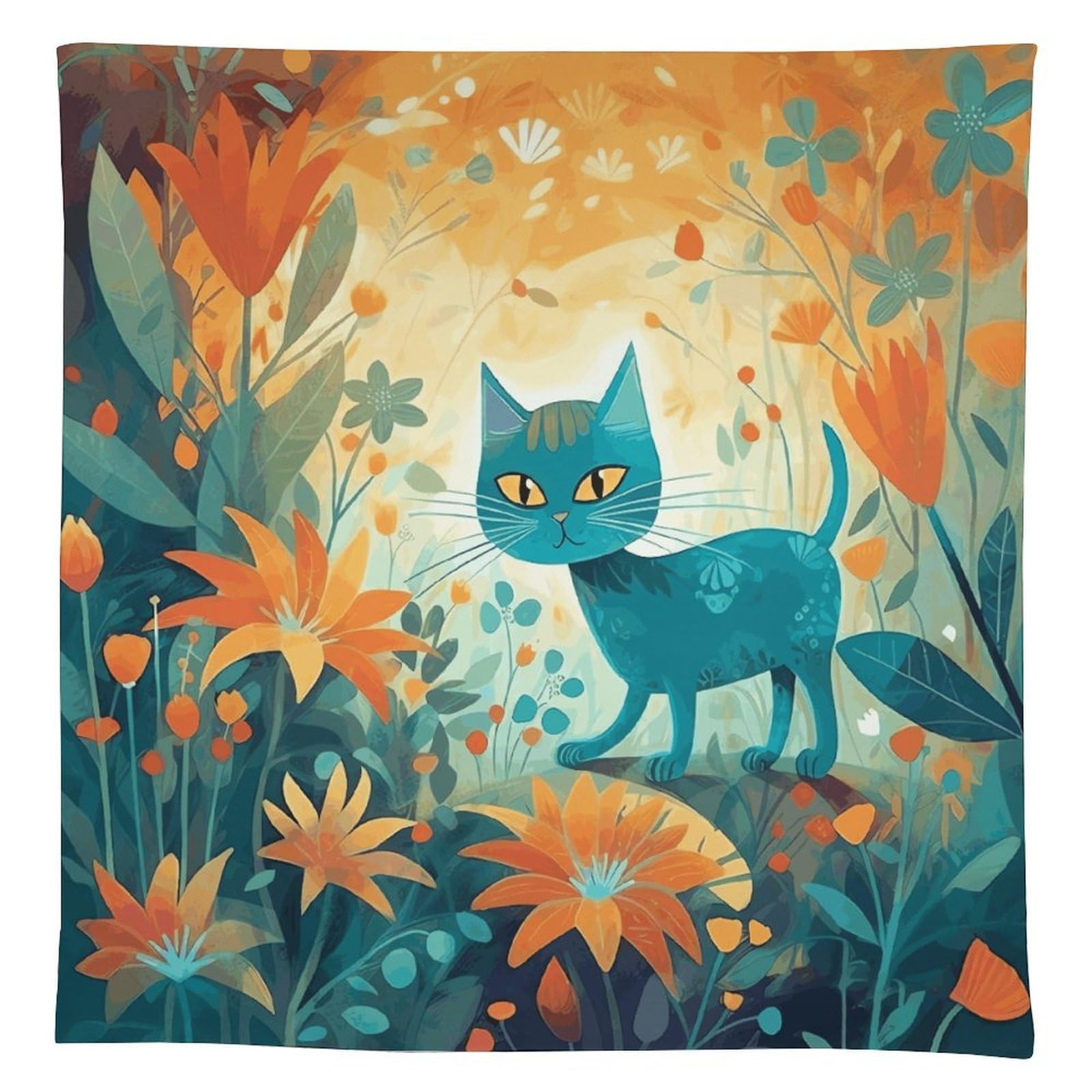 Nappe rectangulaire lin motif chat fleurs 140x140cm anti-tache