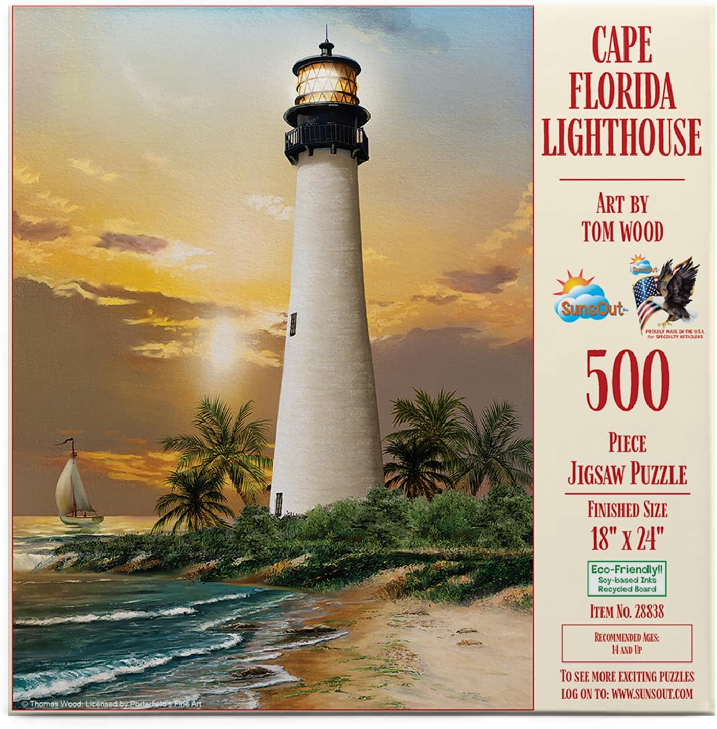 SUNSOUT INC - Cape Florida Lighthouse - 500 pc Jigsaw Puzzle by Artist: Tom Wood - Finished Size 18" x 24" - MPN# 28838