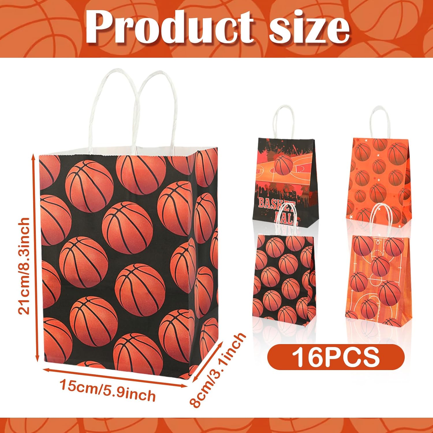 Pokuta 16pcs Basketball Party Favor Bag, Gift Paper Bags with 4 Different Basketball Patterns, Goodie Bags with Handles for Sports Themed Birthday Party - Image 2