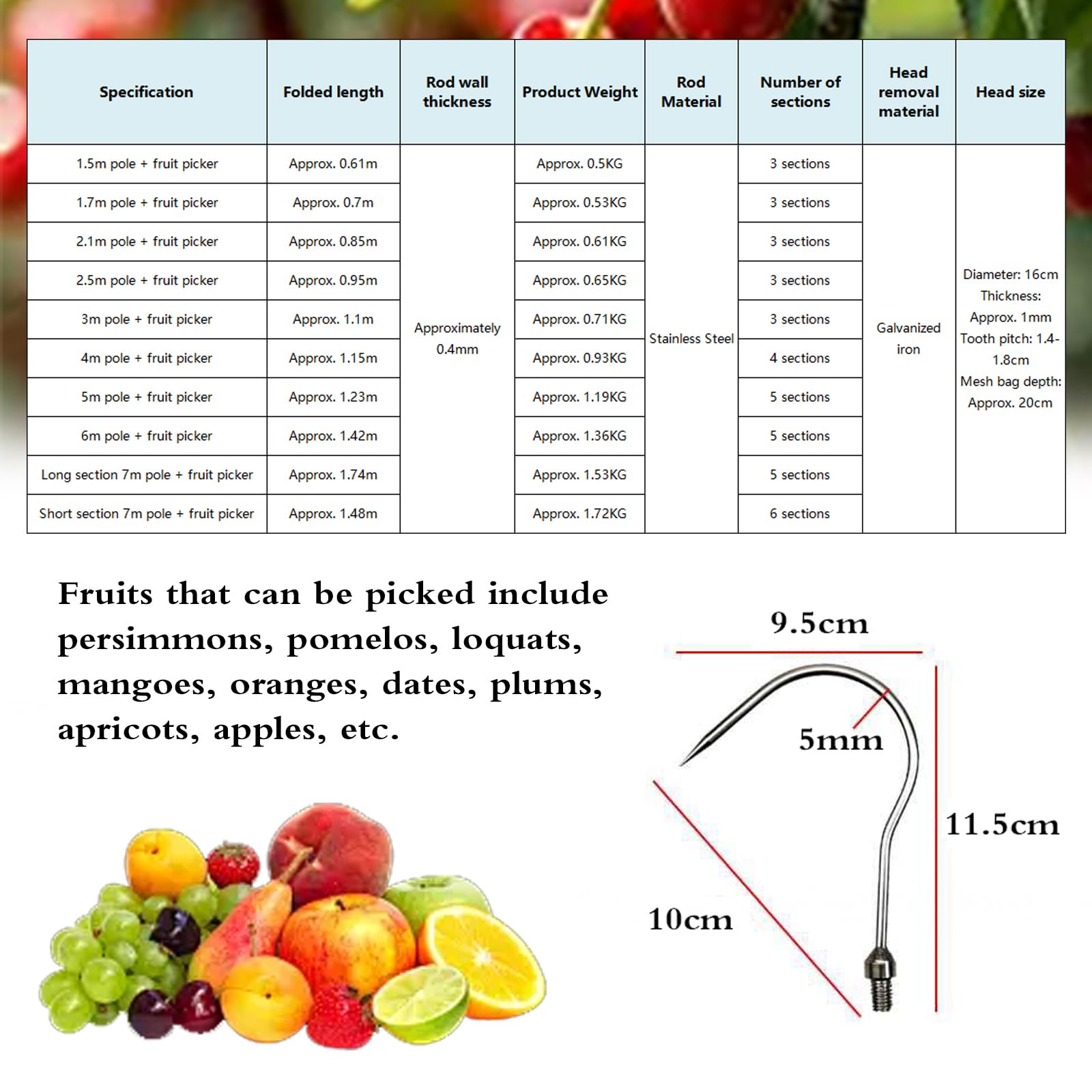 Asticcio Raccoglifrutta Telescopico,Bastone Raccogli Frutta,Raccoglitore di Frutta Fatto in Acciaio Inossidabile,Portatile,Facile da Montare,per Limoni Mele Pere Arance