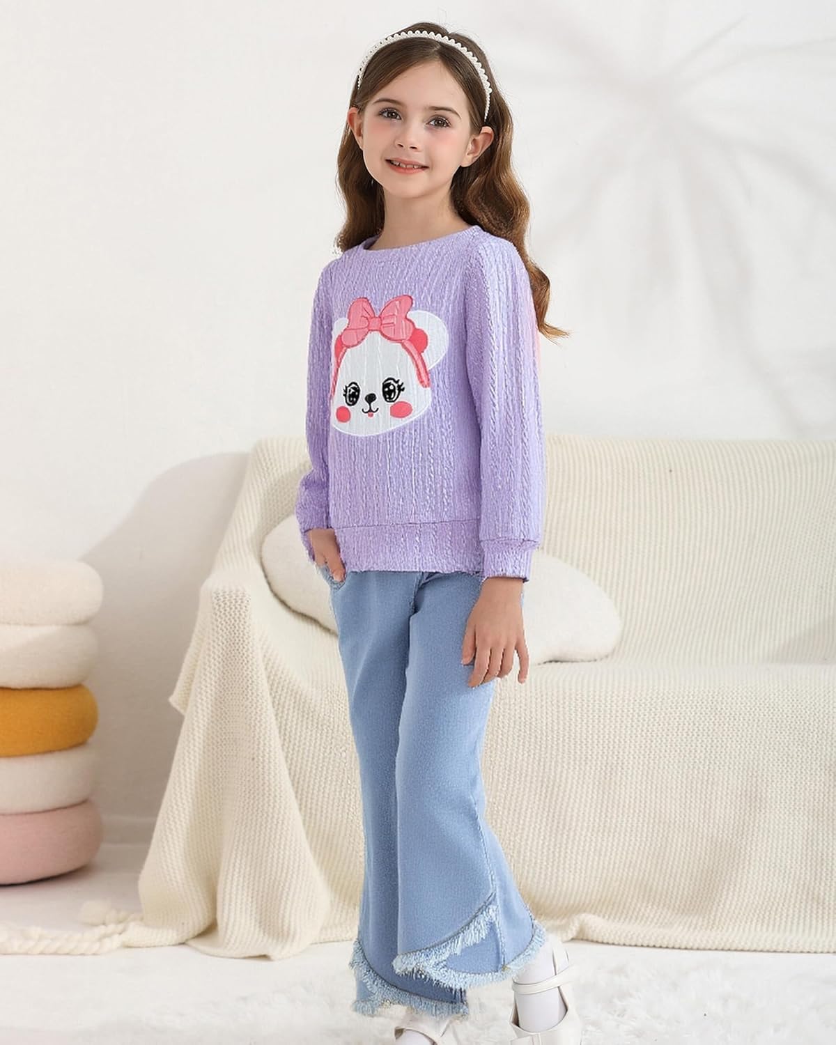 Toddler Girl Clothes Sets: 2 Piece Long Sleeve Ribbed Tops Bell Bottoms Jeans Pants Sets Fall Winter Outfit 2-8 Years - Image 5