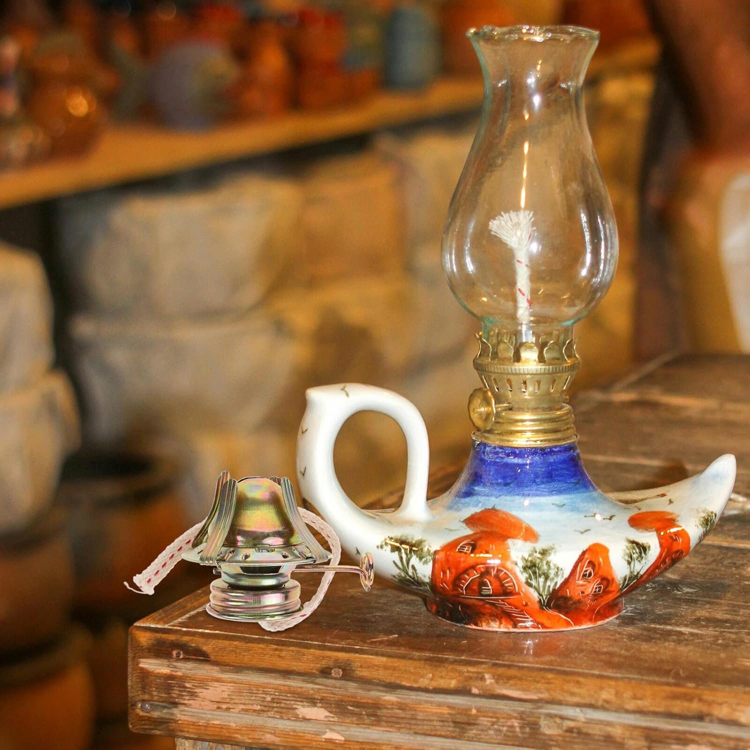 Kerosene Lamp Base Burner with Adjustable Metal Regulator 4-Claw Oil Lamp Head with Glass Dome and 1m Wick for Indoor Home Décor and Emergency Use