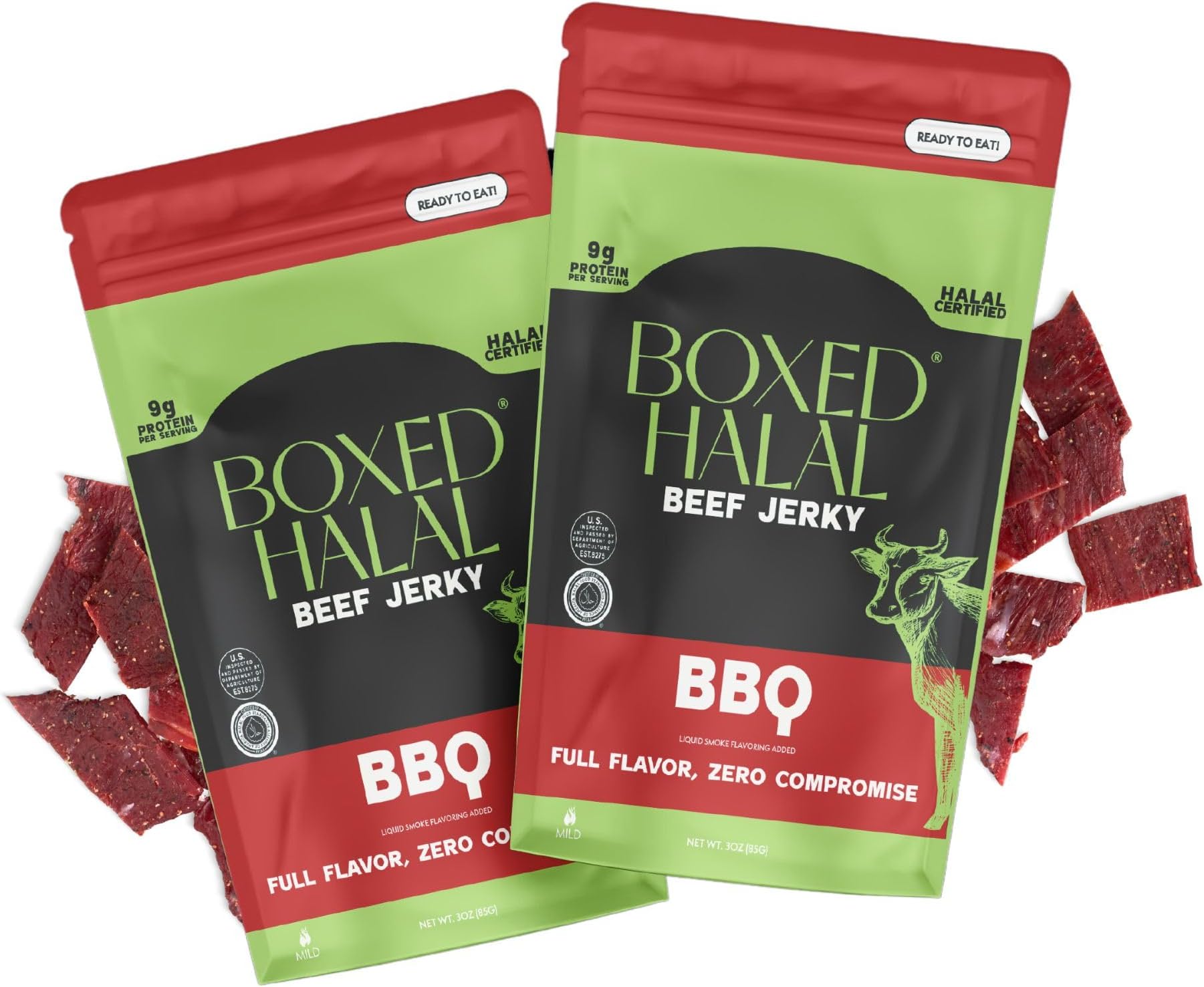 BOXED HALAL Premium 100% Grass-Fed BBQ Beef Jerky Strips, 13g Protein, HFSAA Certified Halal, Keto Friendly Snack, 3 Oz. Bags (2 Pack)