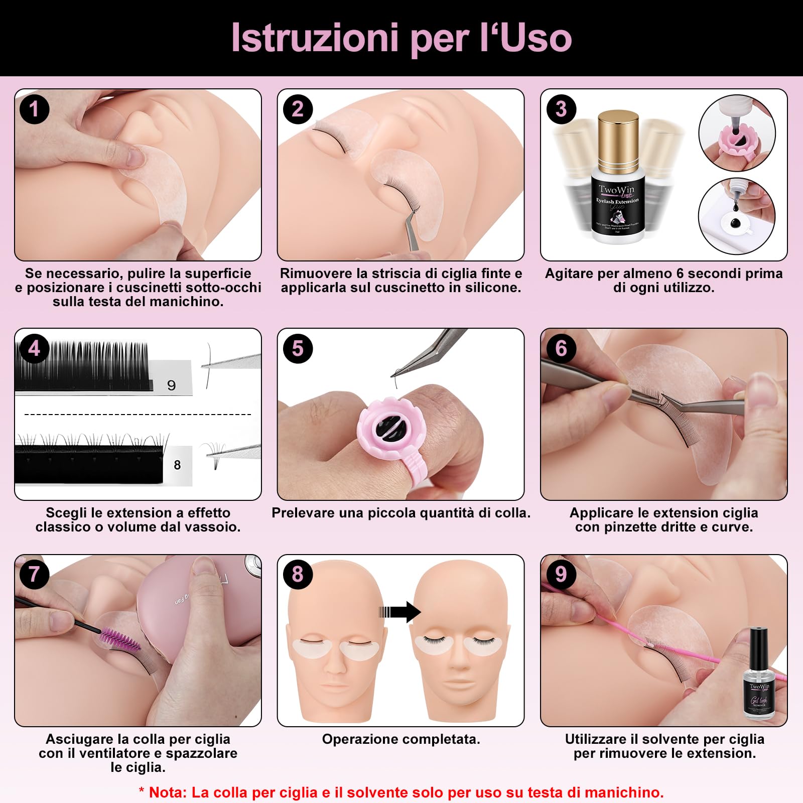 TwoWin Kit per Extension di Ciglia, Testa di Manichino Professionale | per Formazione e Pratica di Extension di Ciglia per Principianti, Forniture per Estetiste e Cosmetologia