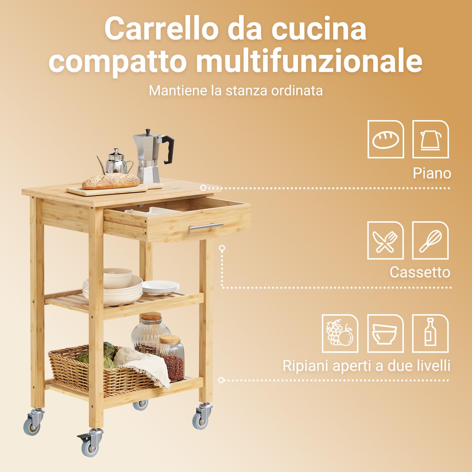 SoBuy Carrello da Cucina in Bambù Carbonizzato – Mobile da Cucina con Ruote e Cassetto, Carrello Mobile, per Cucina, Sala da Pranzo ed Esterno 58×40×86 cm FKW135-N