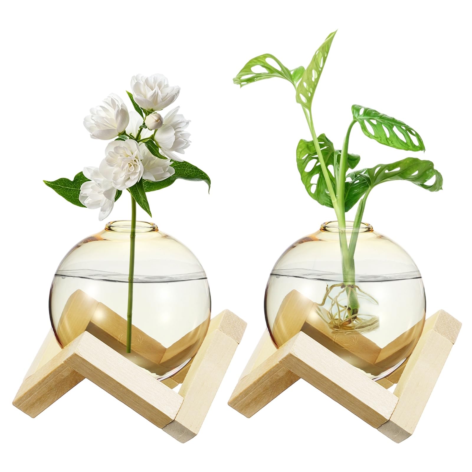 M METERXITY 2 Pack Glass Planter Terrarium with Wooden Stand, Desktop Plant Propagation Station Bulb Vase for Hydroponic Plants Propagation/Home Garden Decor/Plant Lover [Yellow]