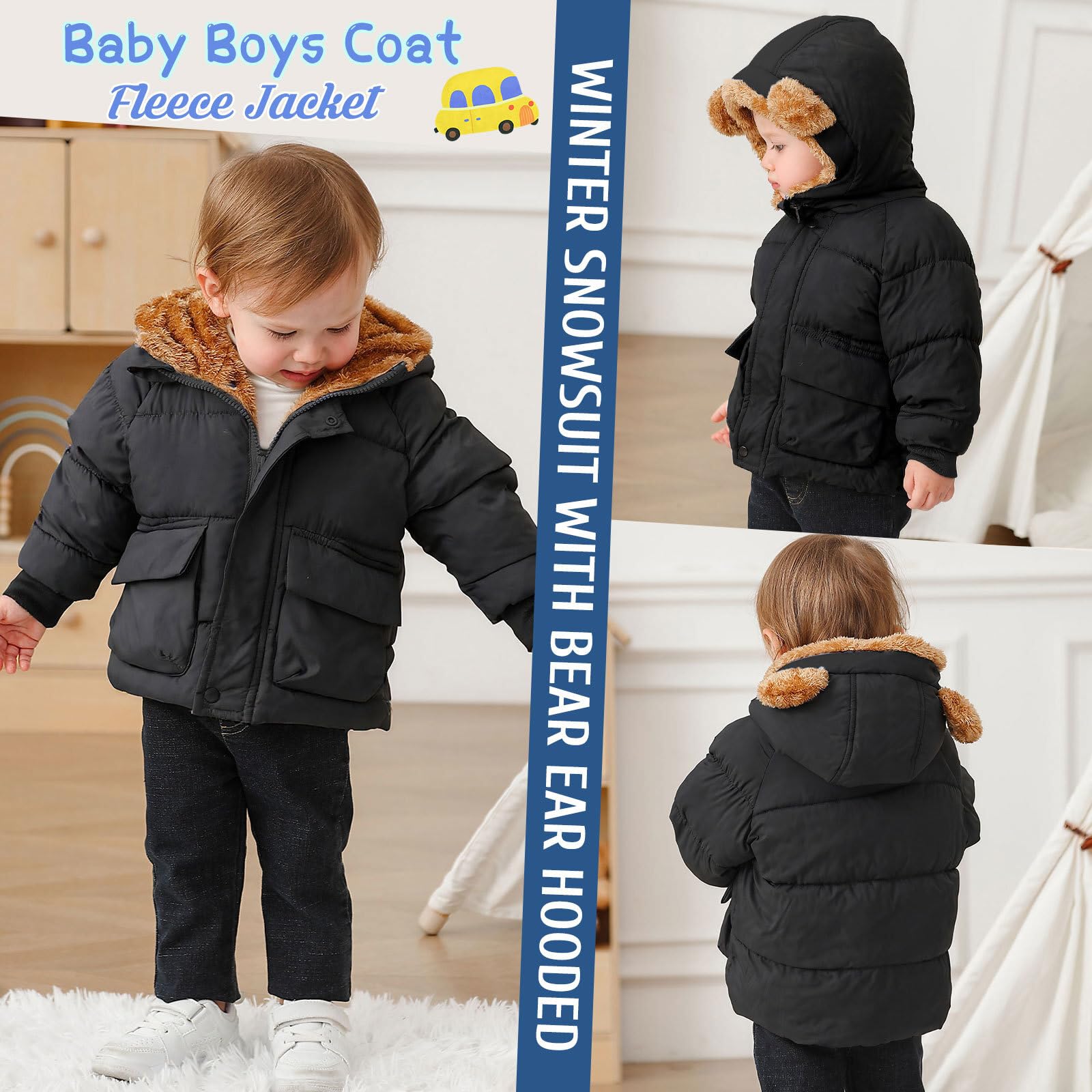 SFreeBo Veste d'hiver pour bébé, veste polaire pour filles et garçons, veste à capuche avec oreilles d'ours et poches, vêtements d'hiver doublés en peluche, 6 mois à 5 ans