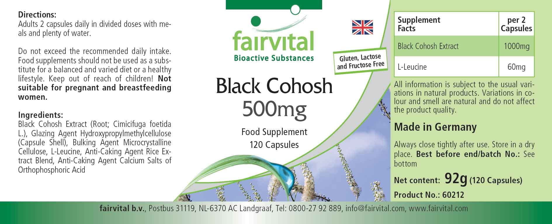 fairvital Capsule di cimicifuga 500mg, 120 capsule, 1000mg per dose giornaliera, Cimicifuga, qualità garantita e dosaggio elevato, 100% vegano, Prodotto in Germania