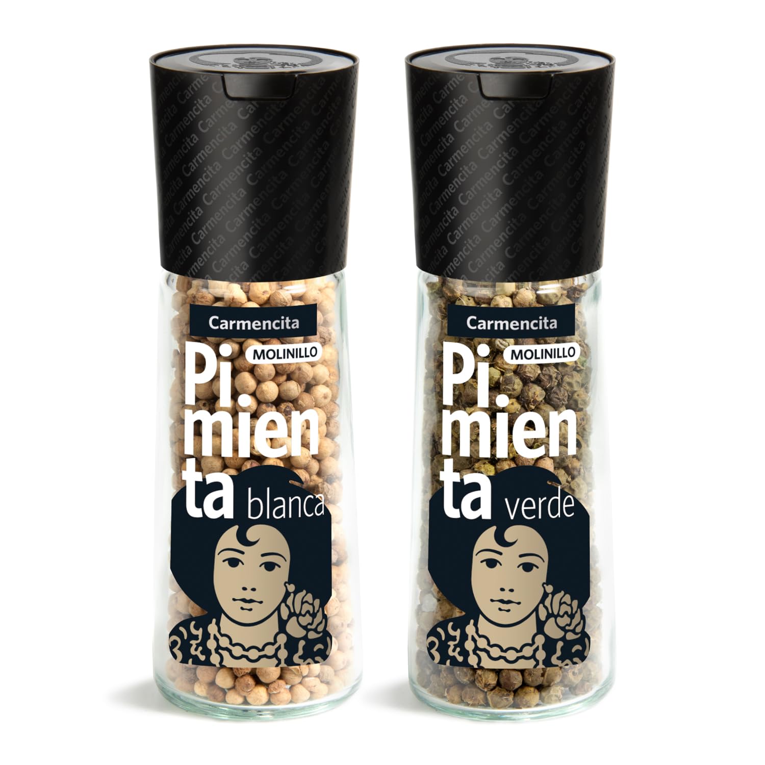CARMENCITA - Pack 6 Molinillos Pimientas | Pimienta Negra | Pimienta de Jamaica | Pimienta Blanca | Pimienta Negra y Limón | Pimienta Verde | Mix Pimientas | Especias recién molidas para tus comidas