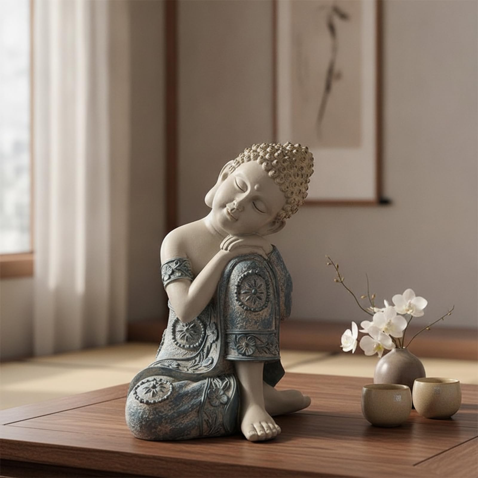 Estatua Buda Compacta | Meditativo, Figura Buda Durmiendo, Pequeña, para Patio