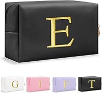 Personalized Preppy Gold Embroidered Initial Makeup Bag - Custom Cosmetic Toiletry Bag for Teen Girls, Women, Moms - Travel Organizer (Black)
