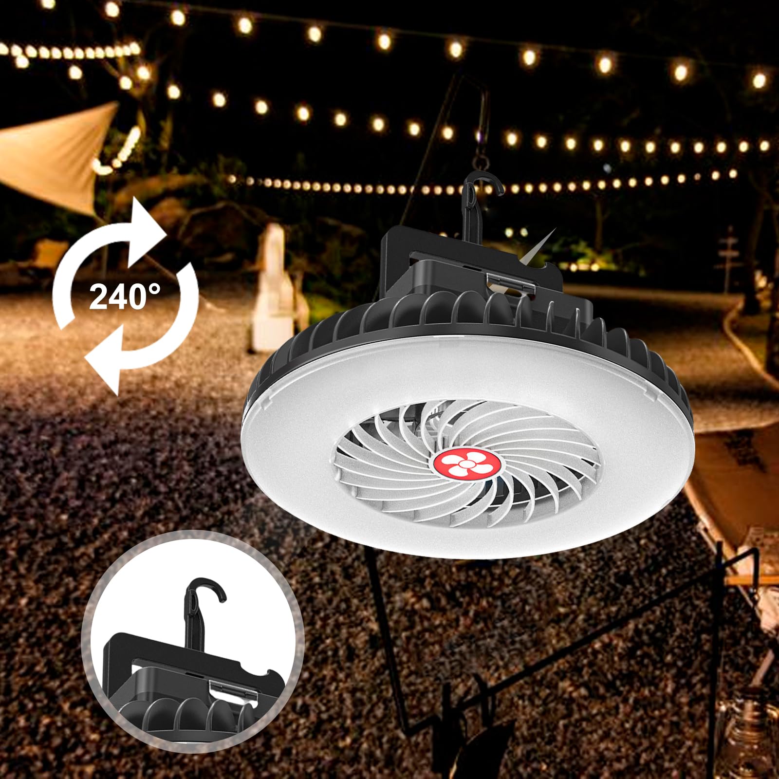 PORFOYO Lampada da campeggio a LED con ventilatore USB ricaricabile, ventilatore da campeggio con luce a LED, 1200 mAh, ventilatore da campeggio, ventilatore USB con luce per esterni, pesca