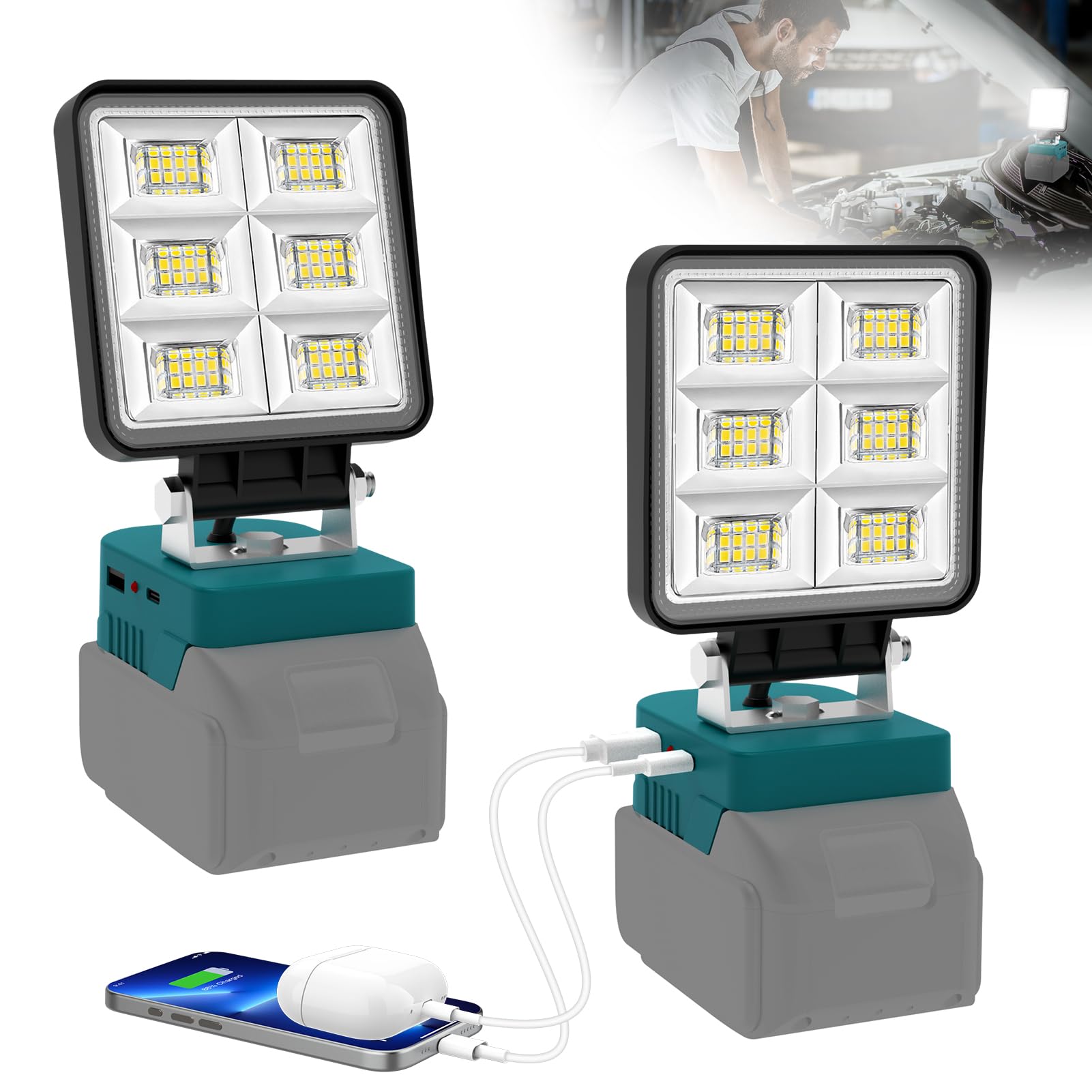 NATPOW Lampe de Chantier Compatible avec Makita 18V, Lot de 2 5200LM Projecteur, 2 Modes 6000K Éclairage Chantier Portable avec Type C et USB pour Chantier, Garage, Camping, Pêche, Sans Batterie